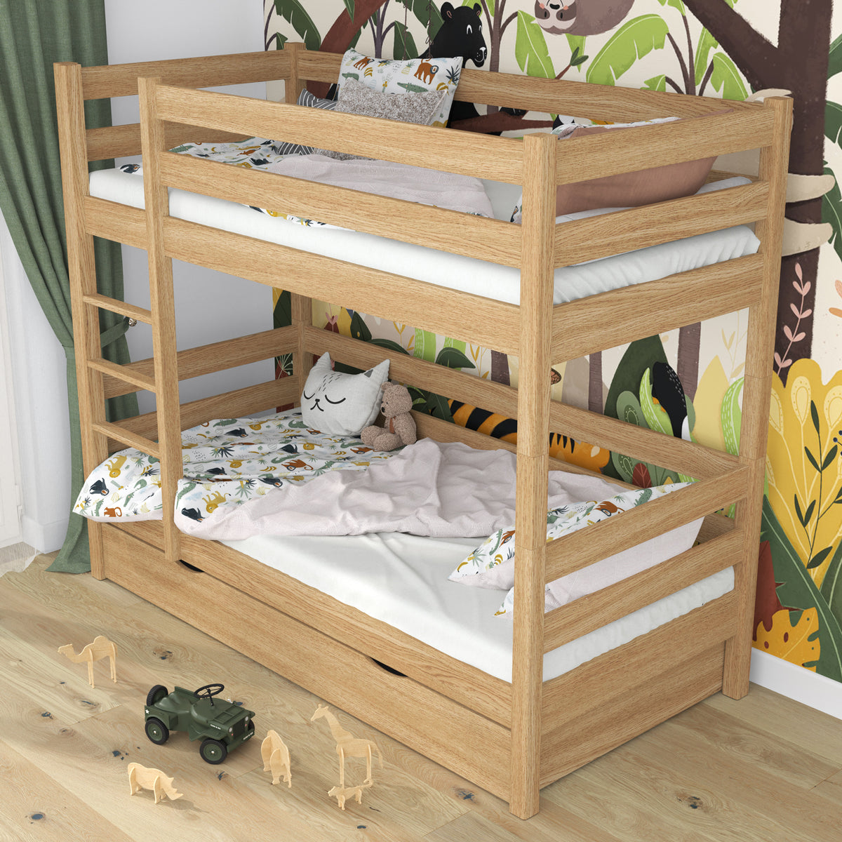 Lit superposé chêne naturel pour enfants – dwie chambree i tiroir, en chêne