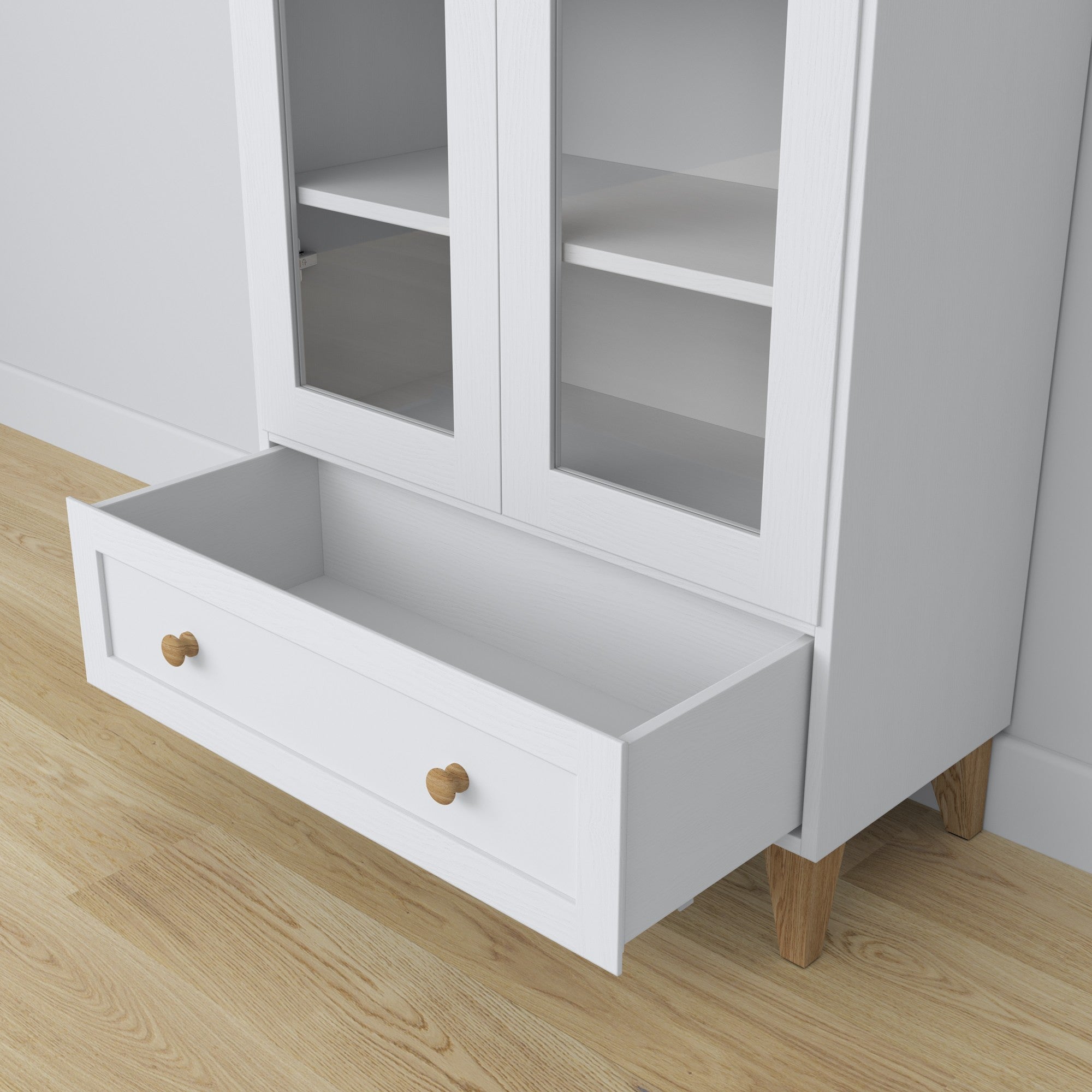 Display cabinet 1S wooden white with oak – open doors, shelves and drawer inside