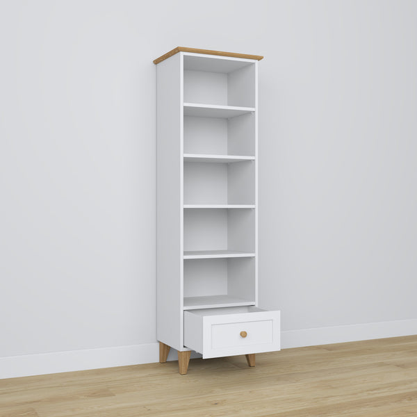 Bookcase 1S wooden white with oak – open drawer, storage for small items
