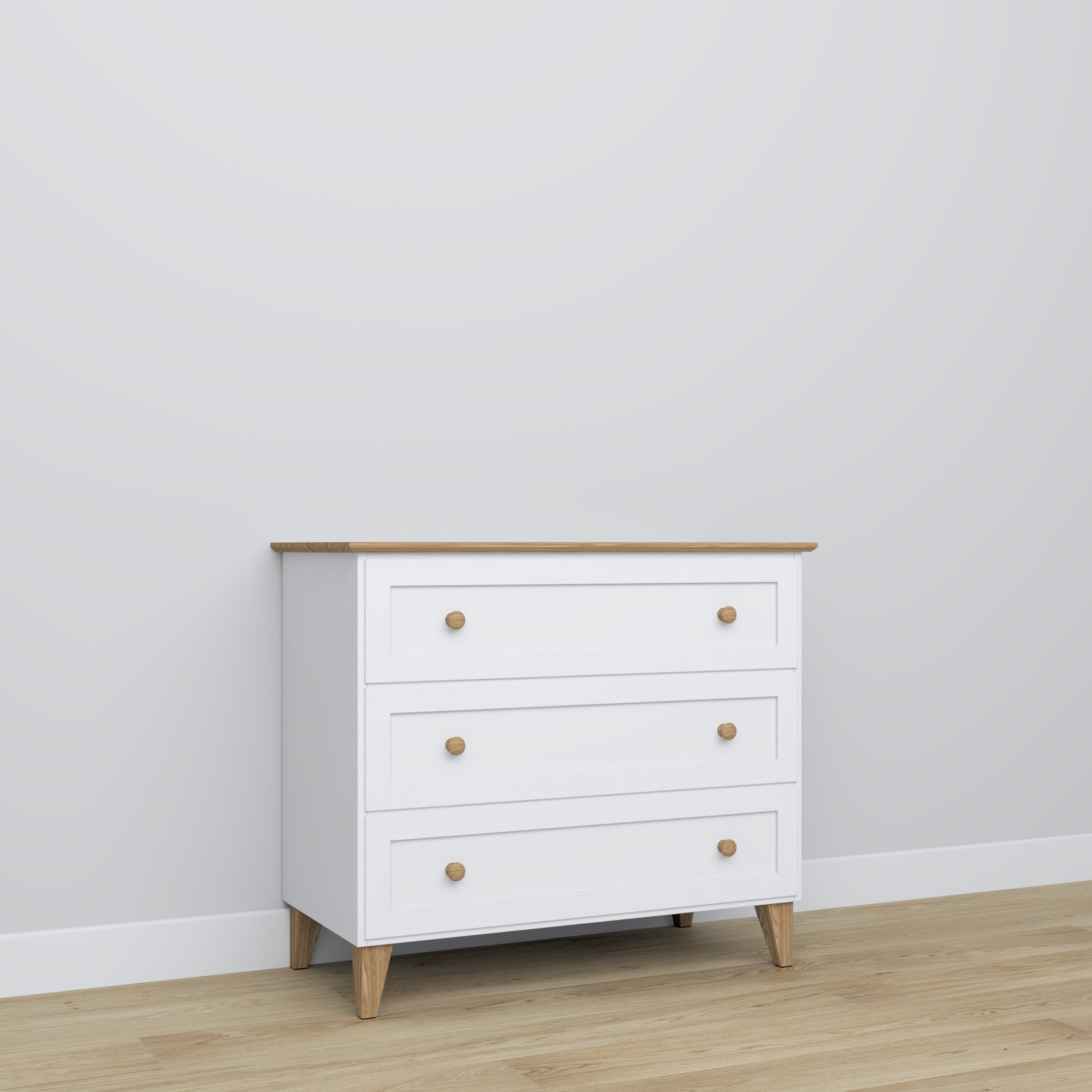 Commode 3S blanc avec chêne – en bois, szuflady fermé, vue frontale, Nizio