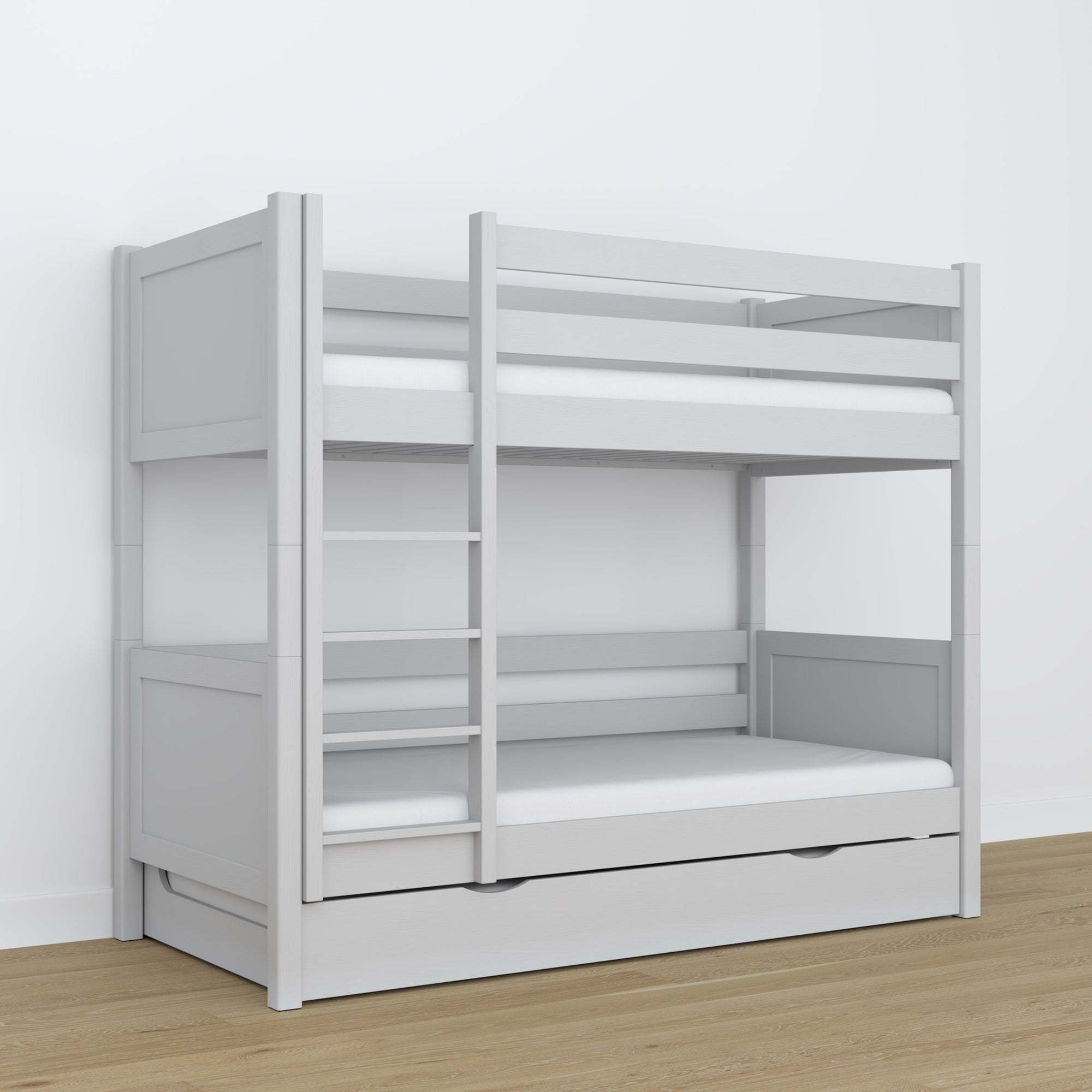 Lit superposé en bois gris – intérieur du tiroir na matelas, chambre d'enfant