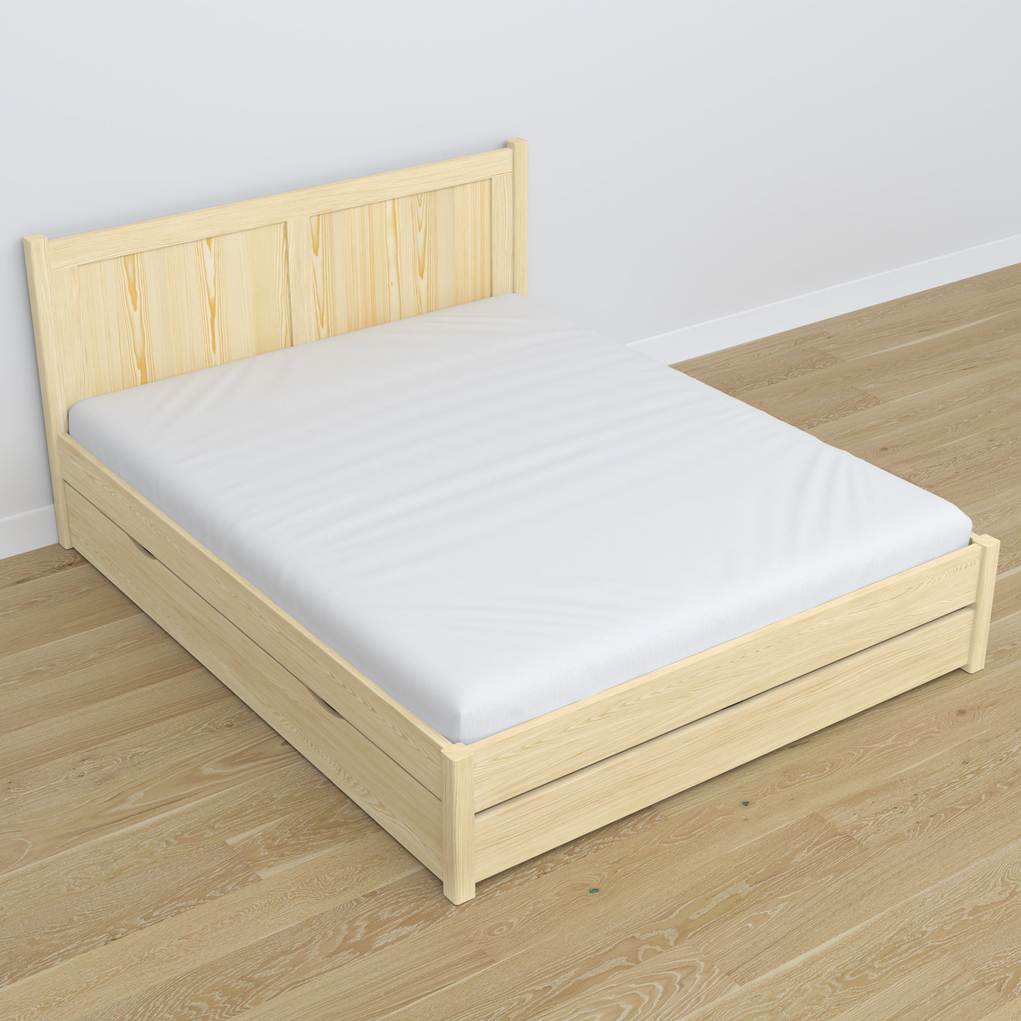 Lit double pin incolore – pieds et base en bois, gros plan