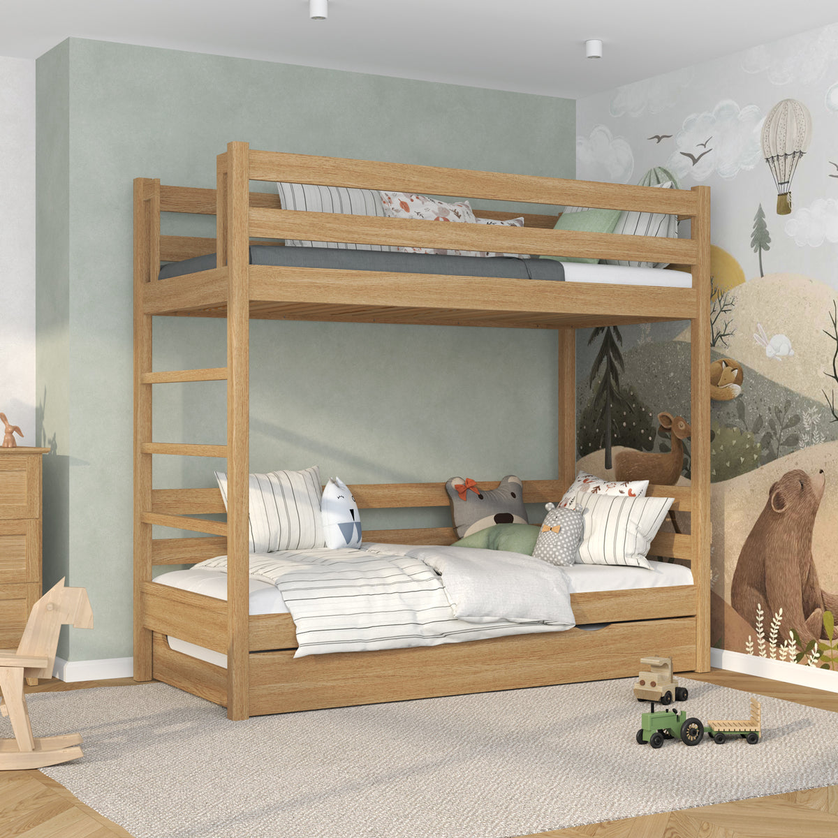 Lit superposé chêne naturel z tiroir na matelas – barrière, en chêne, Nizio Home