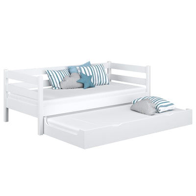 Drewniane łóżko sofa z szufladą na materac N01 biały – widok ogólny, lite drewno sosnowe