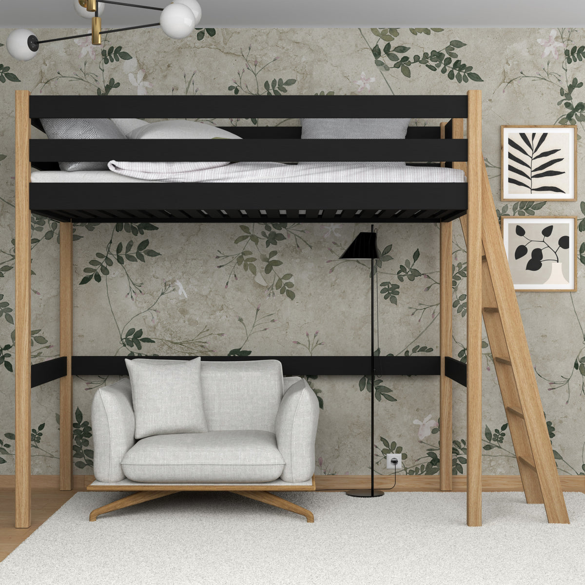 Lit mezzanine noir-chêne – échelle i barrière en bois, Nizio Home