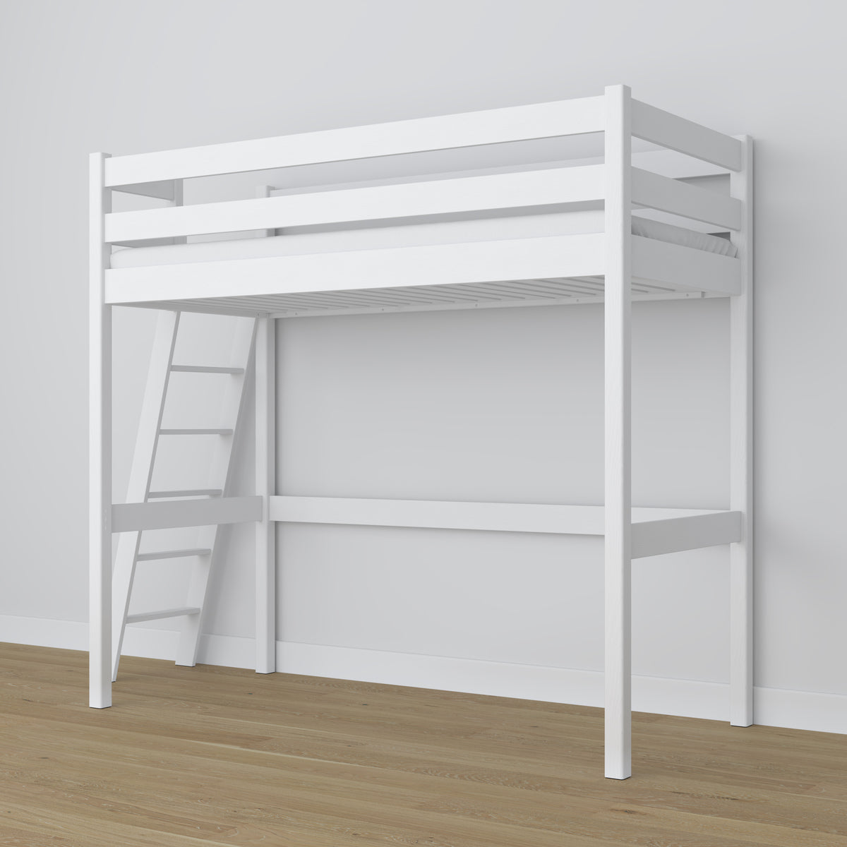 Lit mezzanine en bois blanc – sommier à lattes, vue de côté
