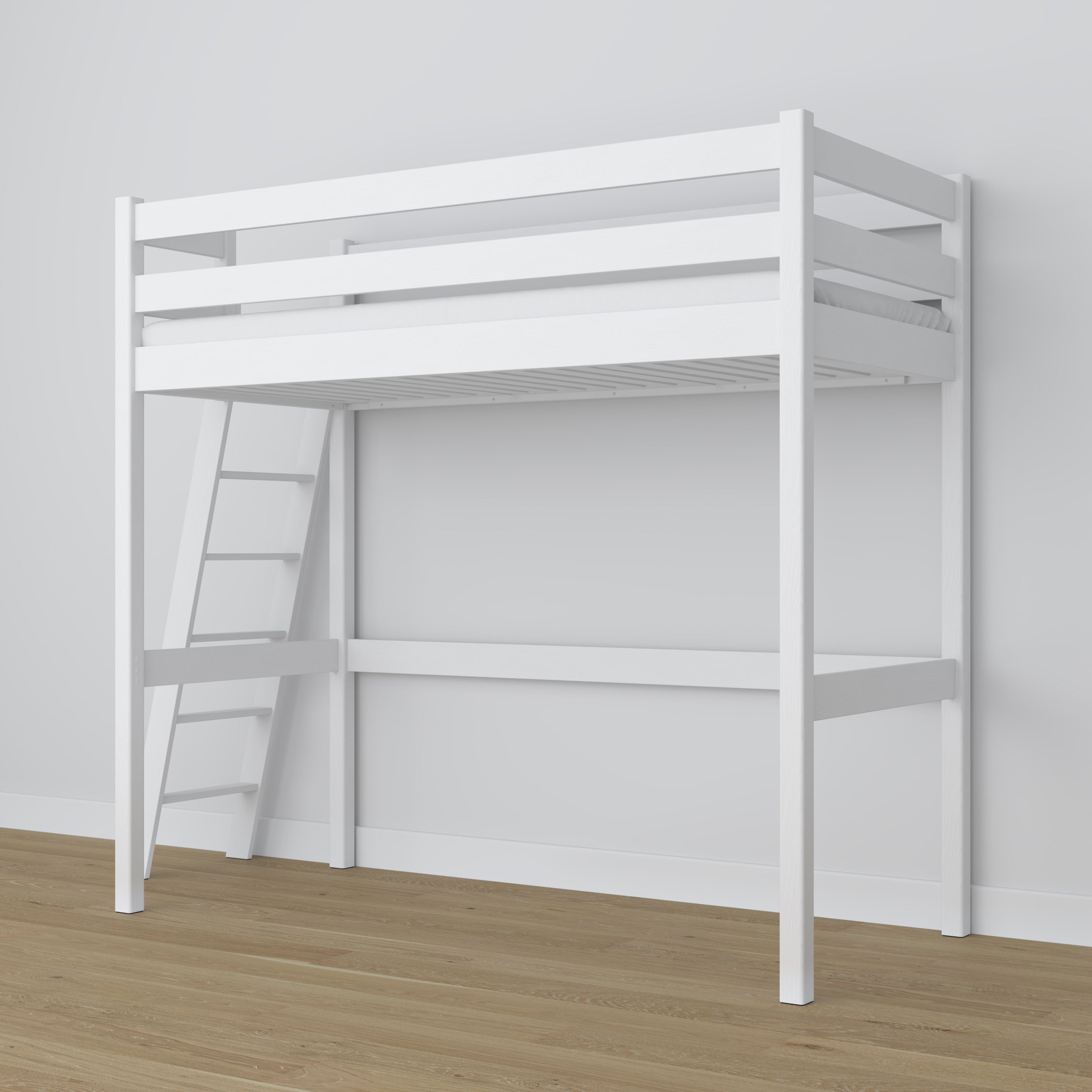 Lit mezzanine en bois blanc – sommier à lattes, vue de côté