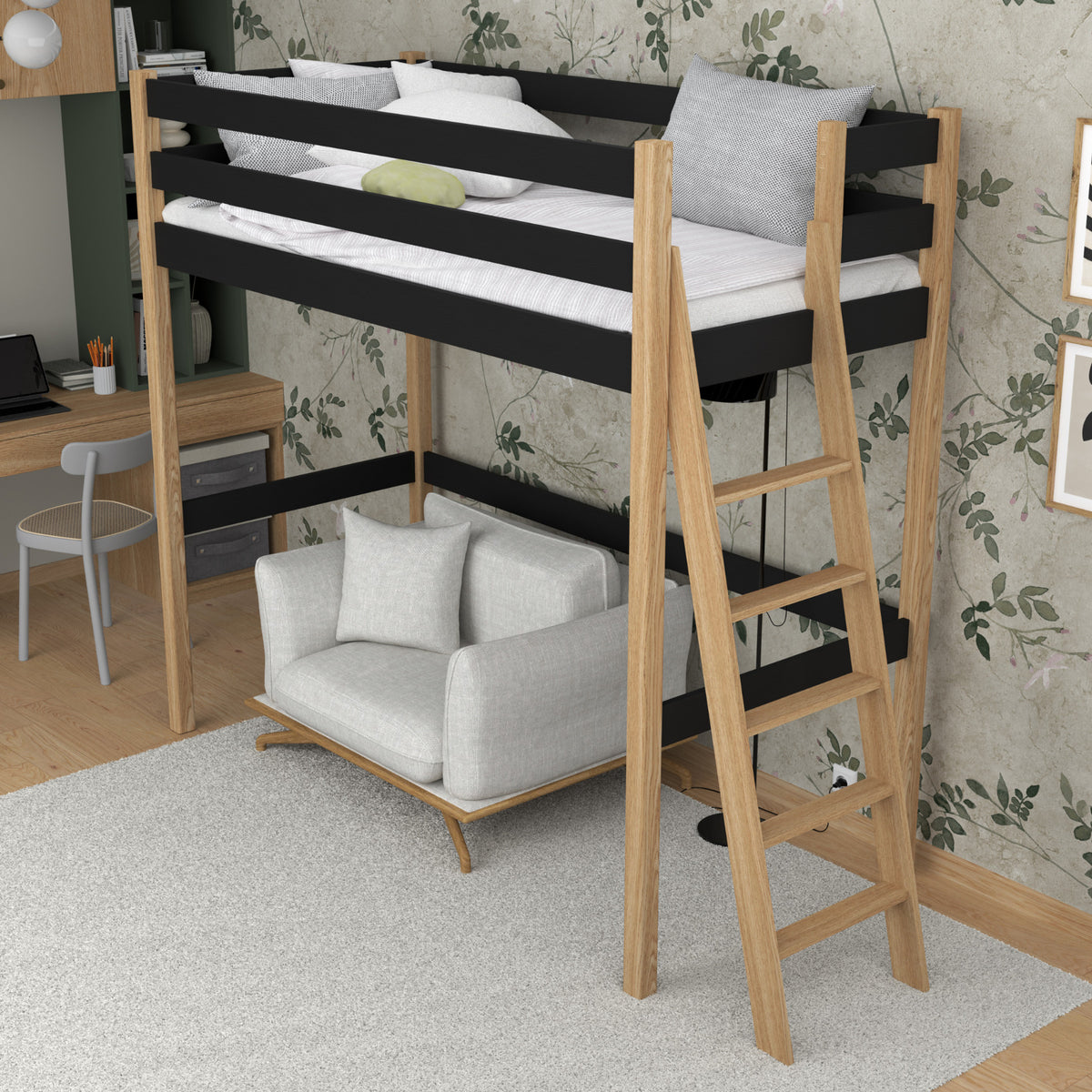 Lit mezzanine noir-chêne dans la chambre d'enfant – décoration scandinave, en bois