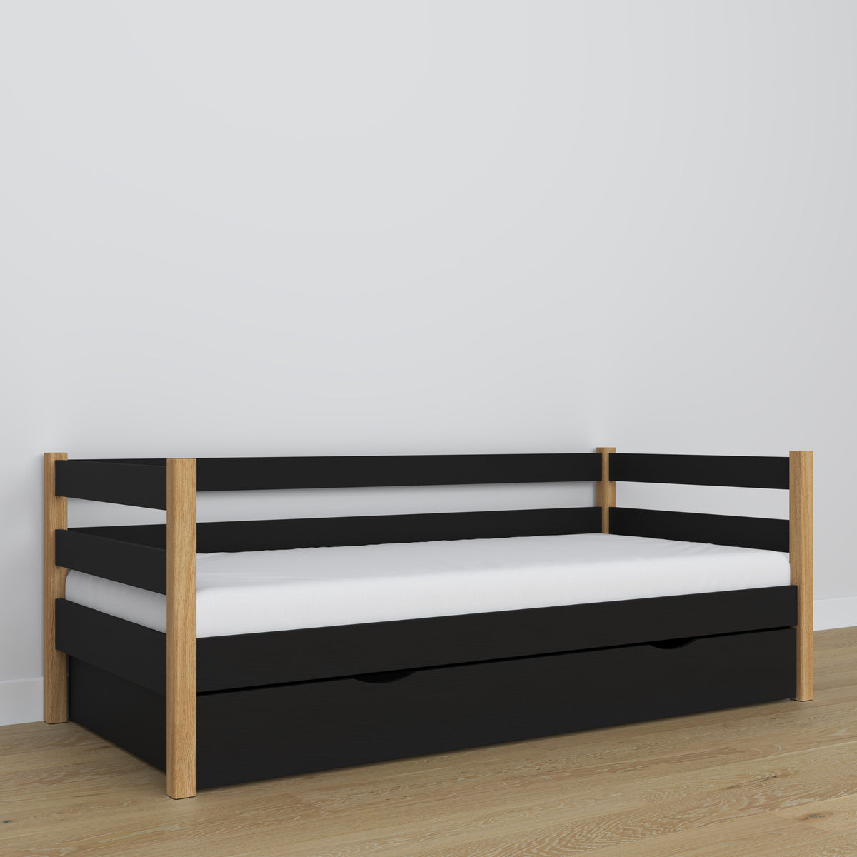 Sofa-lit avec tiroir en bois noir-chêne – chambre d'enfant, décoration scandinave