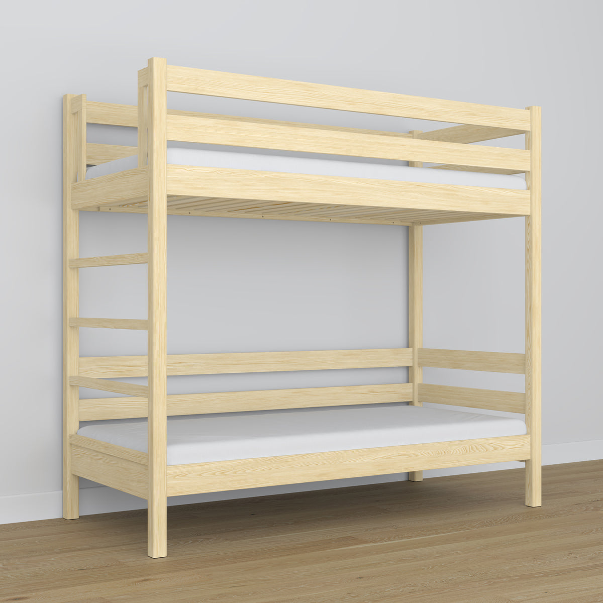 Lit superposé en bois pin incolore – gros plan sur les assemblages et détails du bois