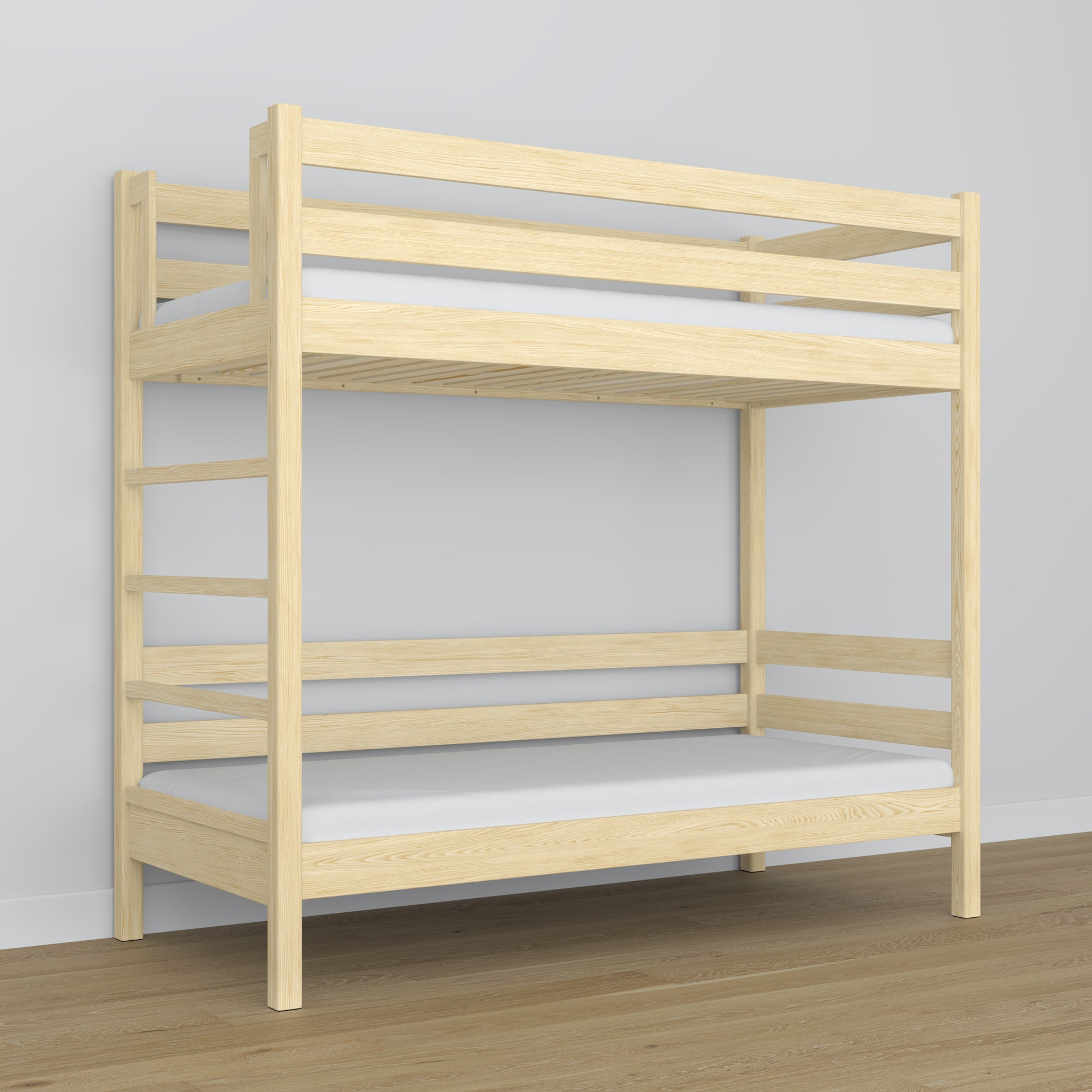 Lit superposé en bois pin incolore – gros plan sur les assemblages et détails du bois