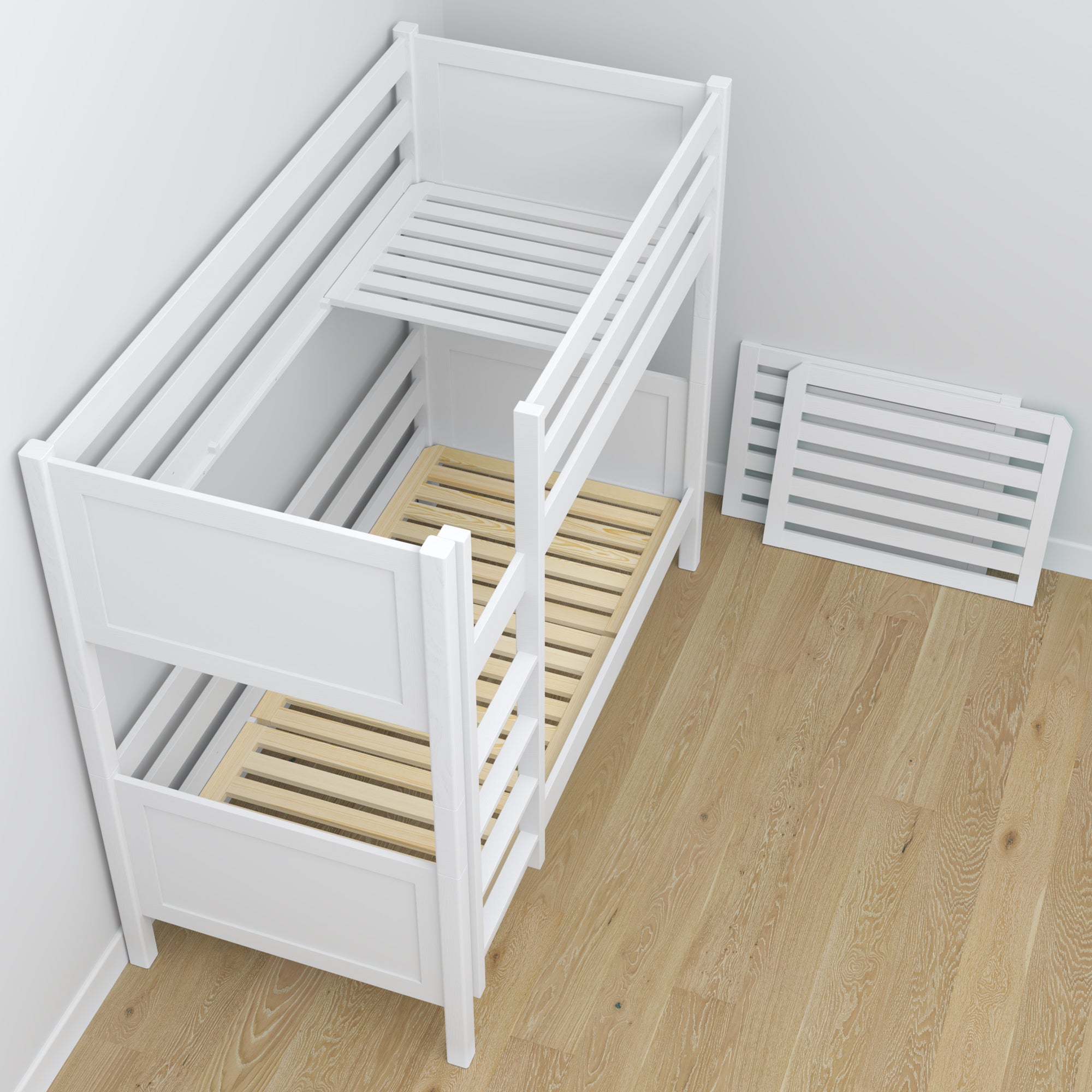 Lit superposé en bois blanc – sommier à lattes, durable assemblages de menuiserie