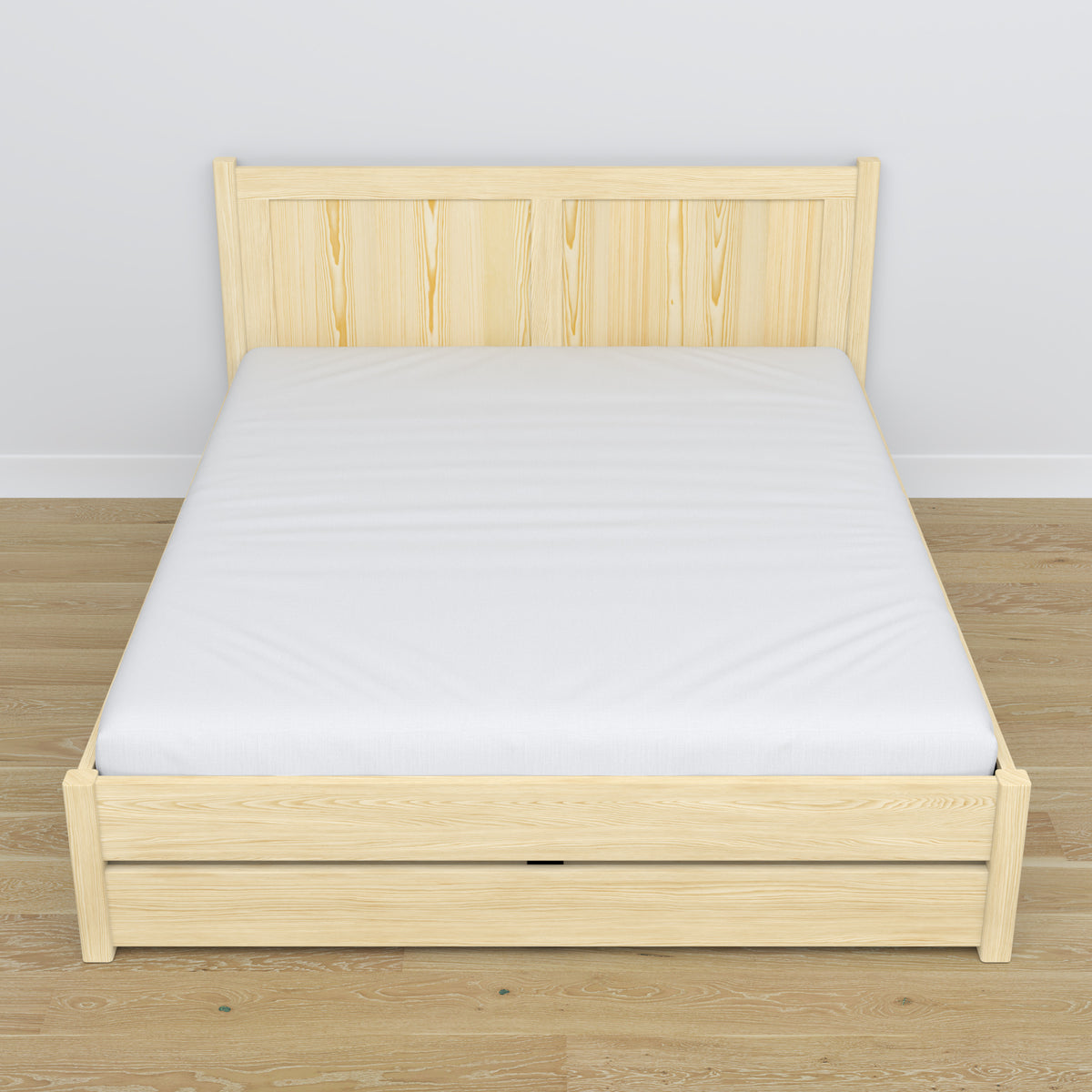 Lit double avec tiroir en bois pin incolore – vue en biais, chambre scandinave