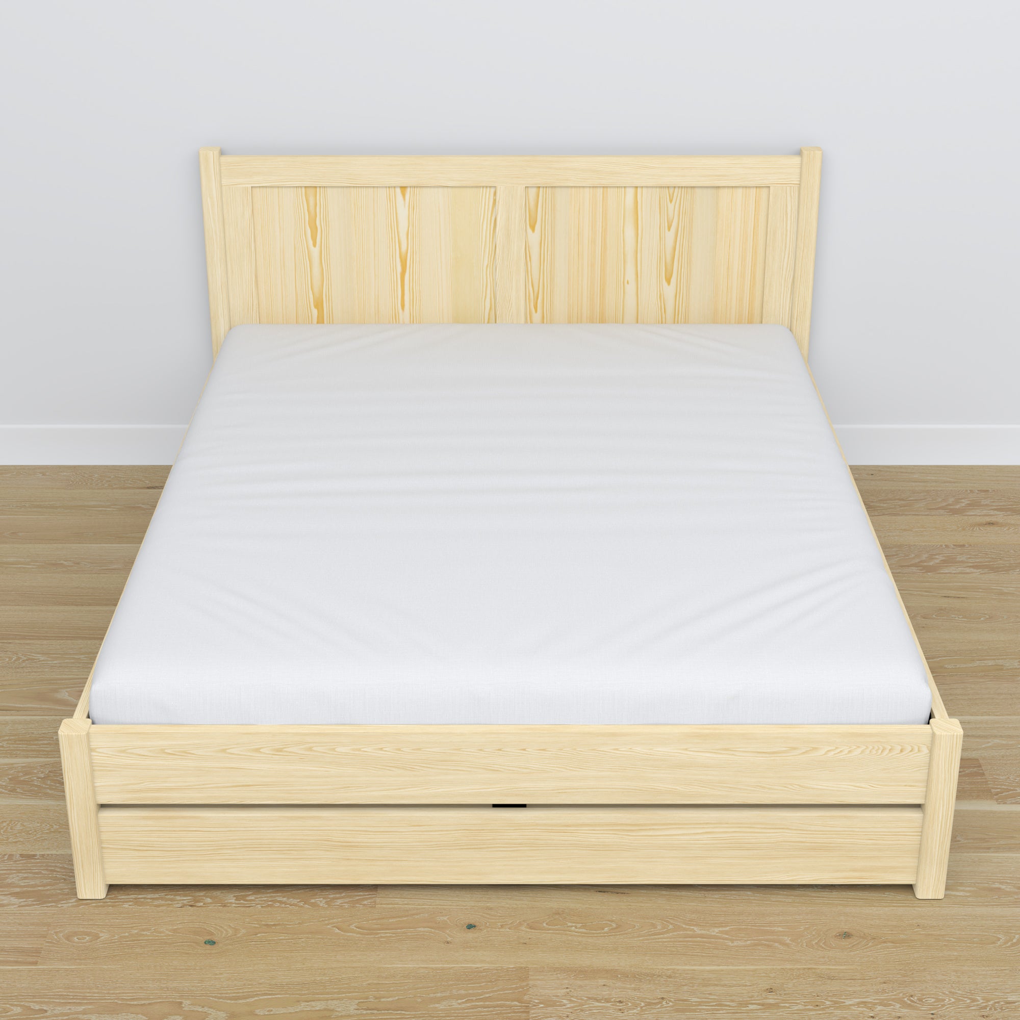 Lit double avec tiroir en bois pin incolore – vue en biais, chambre scandinave