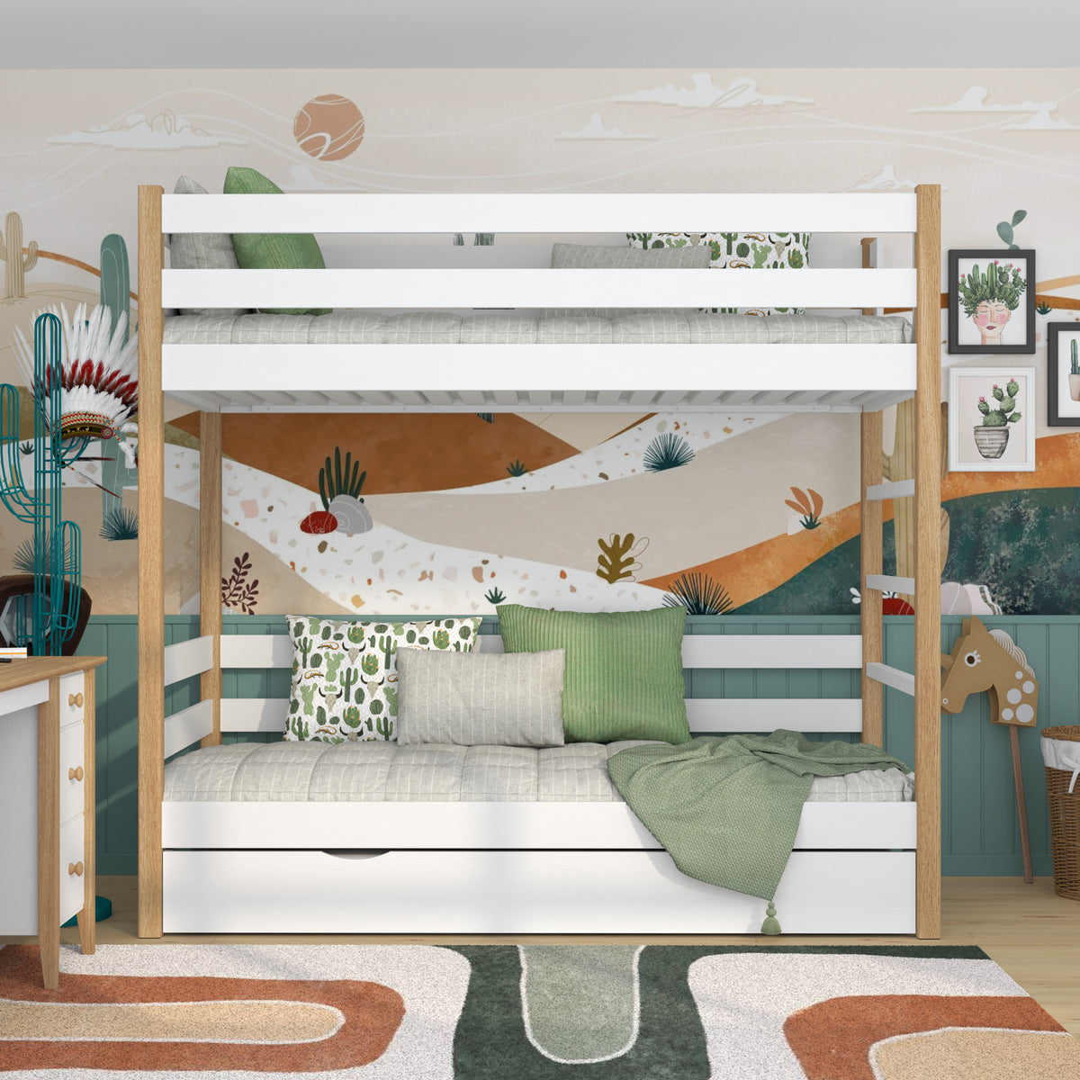 Lit superposé en bois blanc-chêne z tiroir na matelas – décoration de chambre