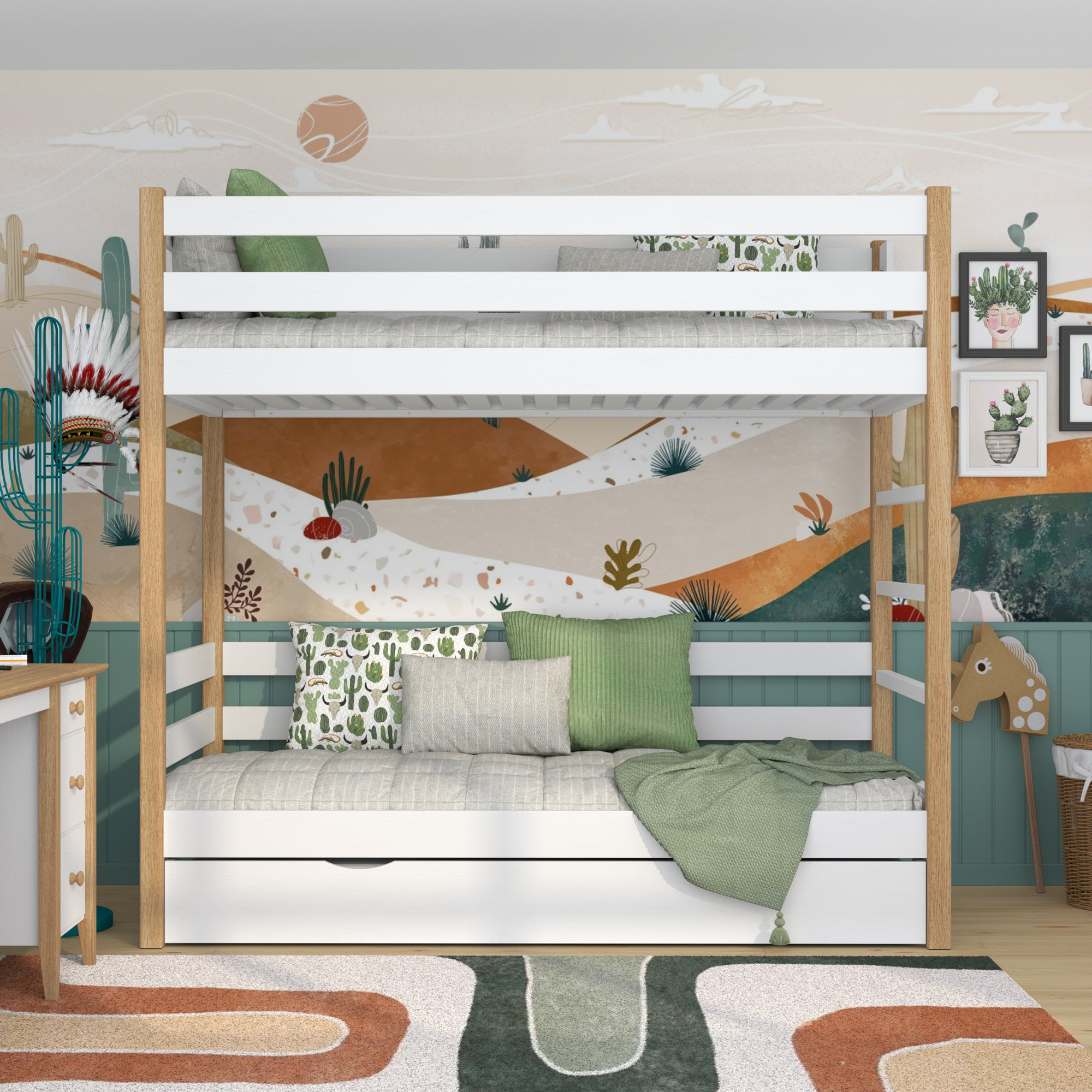 Lit superposé en bois blanc-chêne z tiroir na matelas – décoration de chambre
