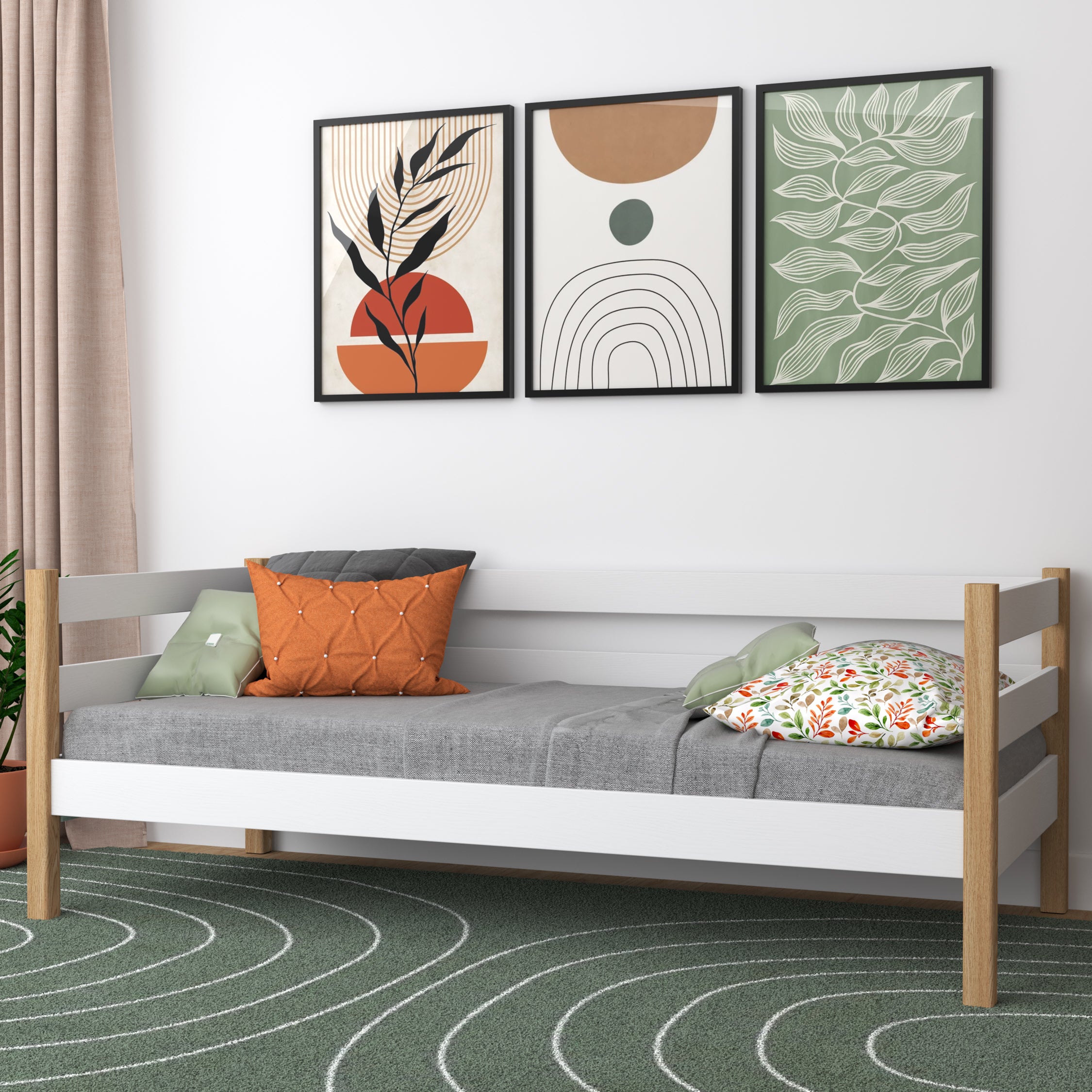 Sofa-lit blanc-chêne dans la chambre d'enfant – décoration scandinave, en bois