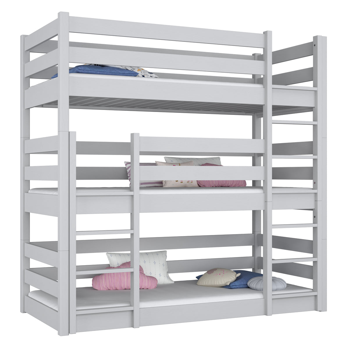 Lit superposé 3 niveaux en bois gris – trois couchages, chambre d'enfant scandinave
