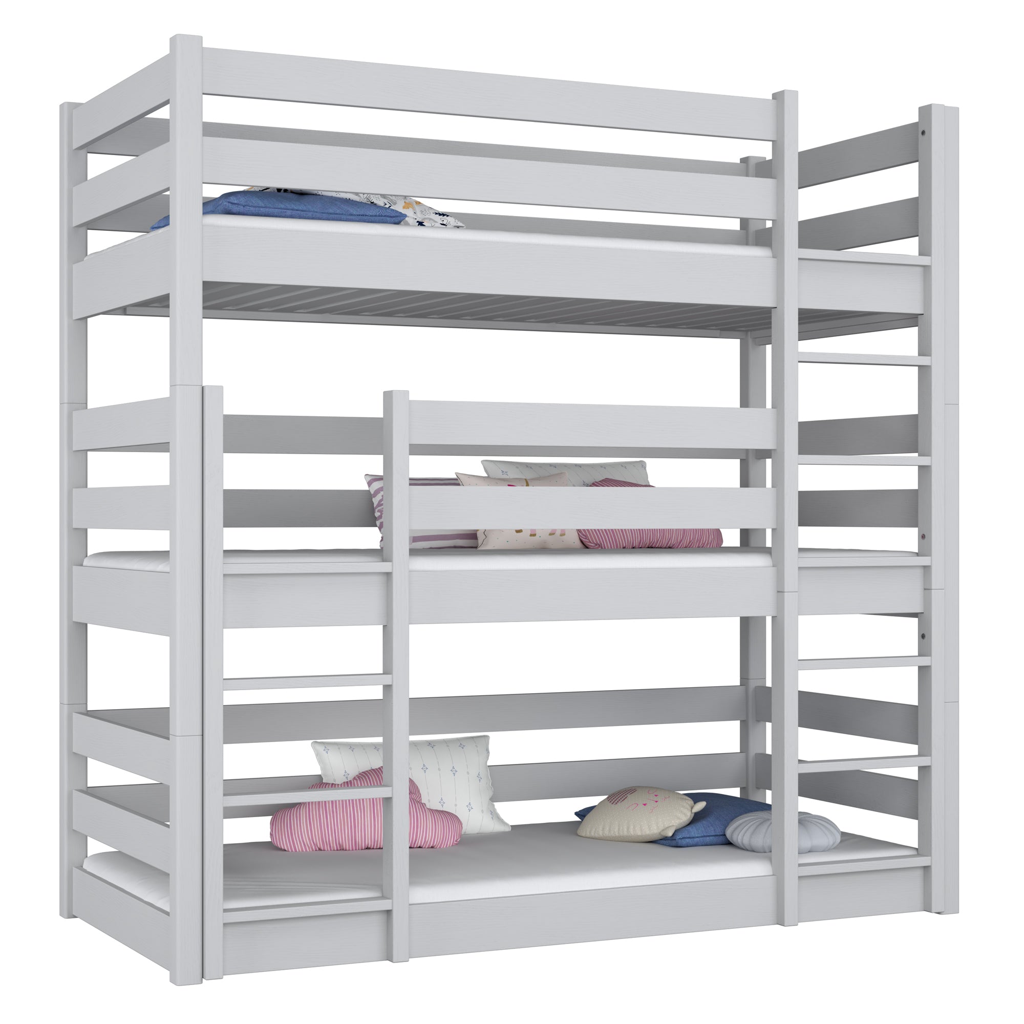 Lit superposé 3 niveaux en bois gris – trois couchages, chambre d'enfant scandinave