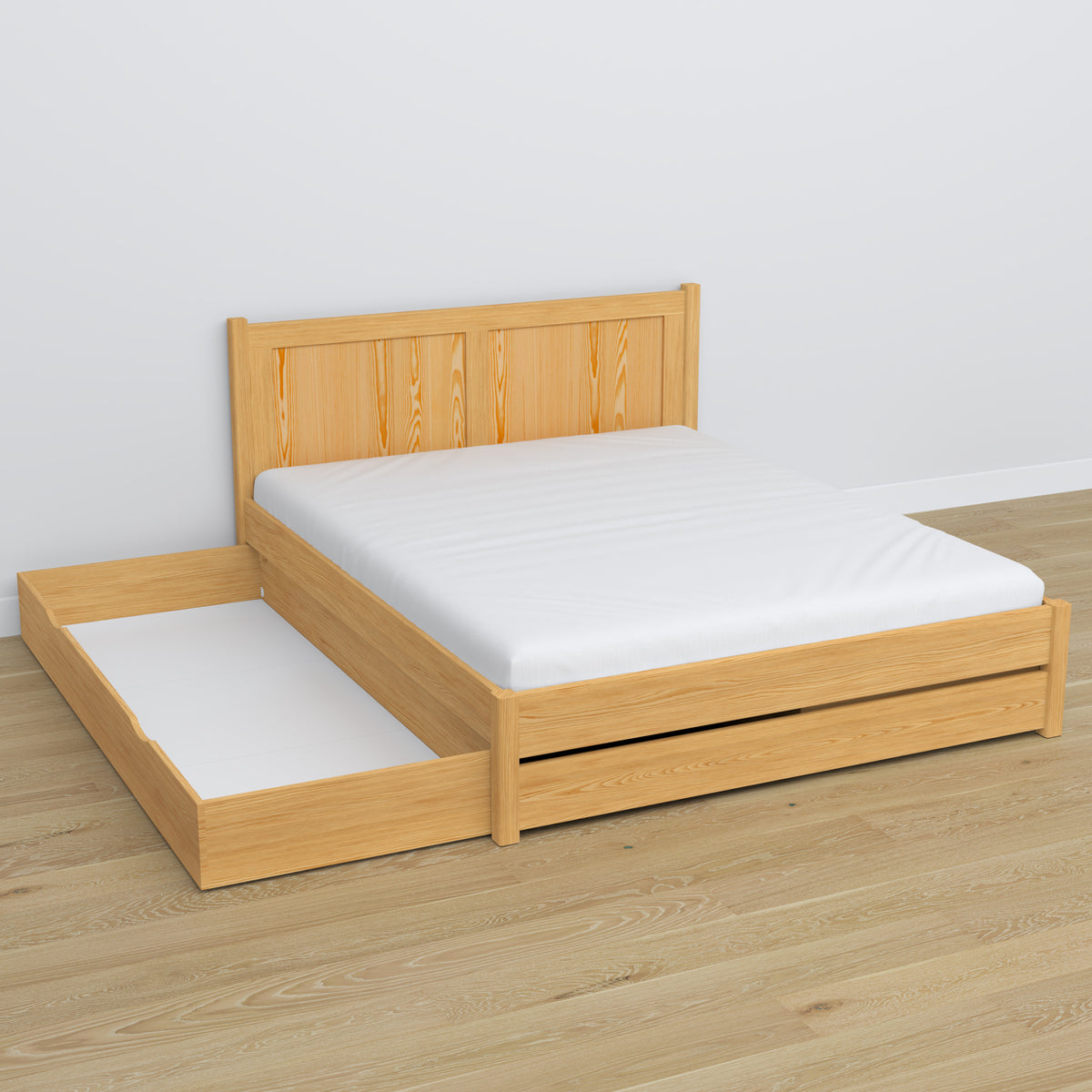 Lit double avec tiroir en bois pin naturel – tiroir ouvert, intérieur spacieux