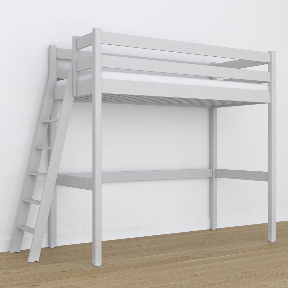 Lit mezzanine en bois gris – espace libre sous la chambre, Nizio