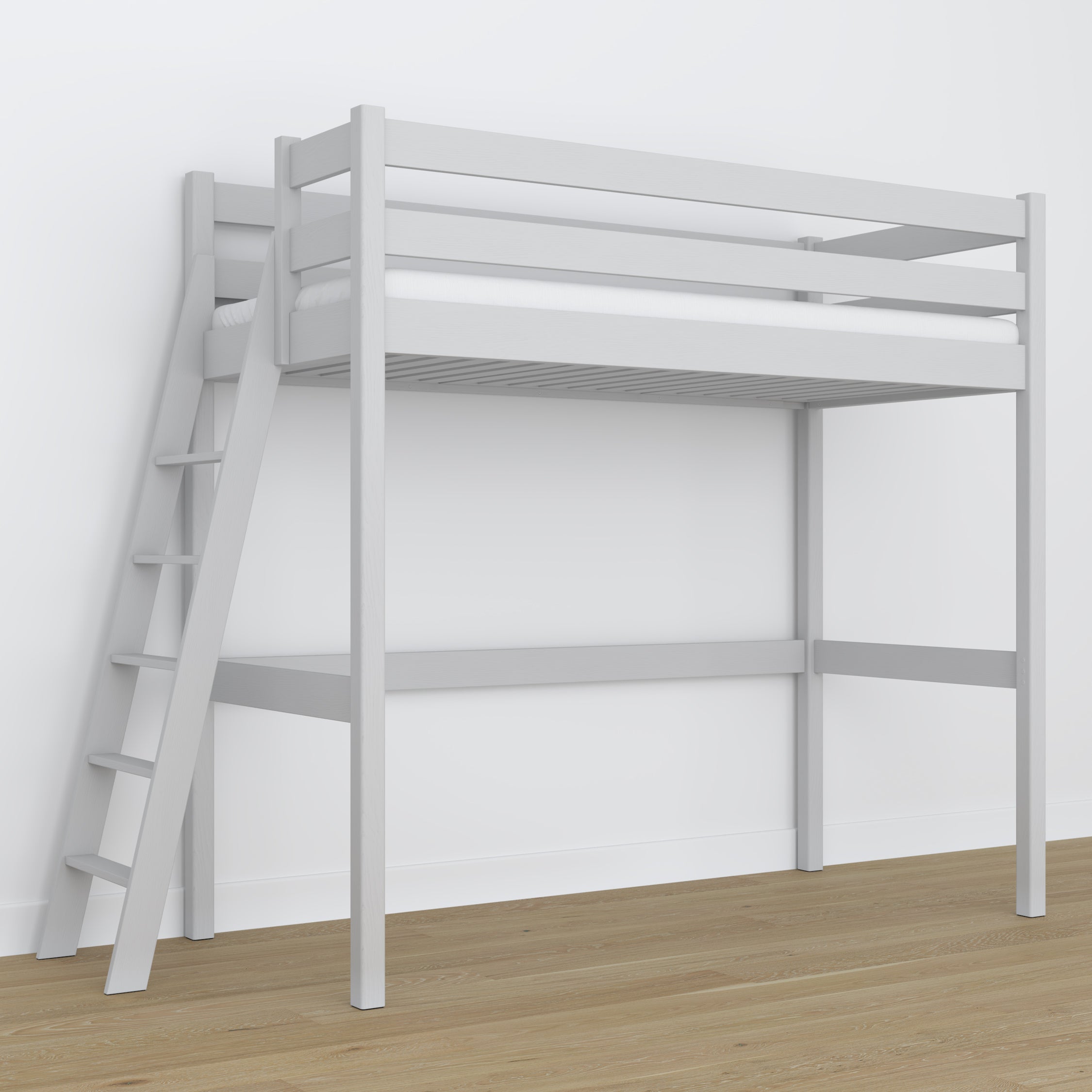 Lit mezzanine en bois gris – espace libre sous la chambre, Nizio