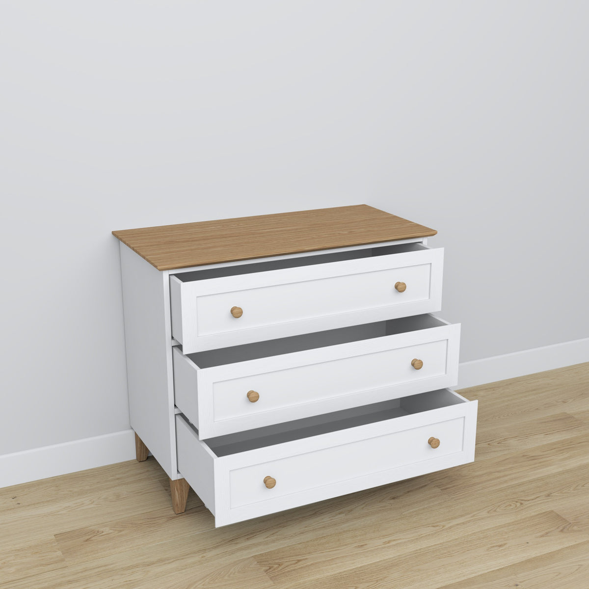 Commode 3S en bois blanc avec chêne – szuflady otwarte, pojemne l'intérieur rangements