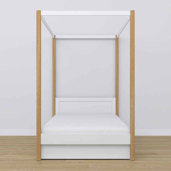 Lit blanc-chêne avec baldaquin – tiroir ouvert, en bois, Nizio Home