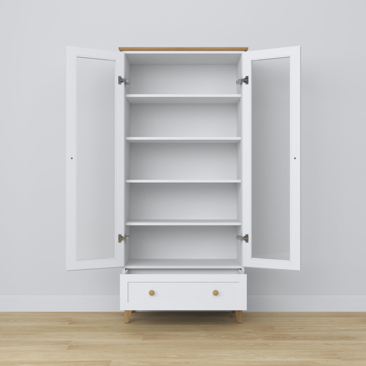 Display cabinet 1S 90 white with oak – glass door, hinges, wooden, Nizio