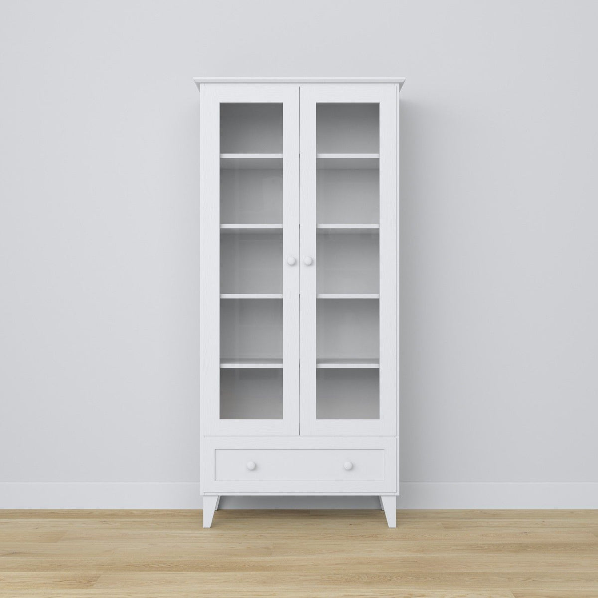 Vitrine 1S en bois blanc – détails du bois et de la finition, Nizio