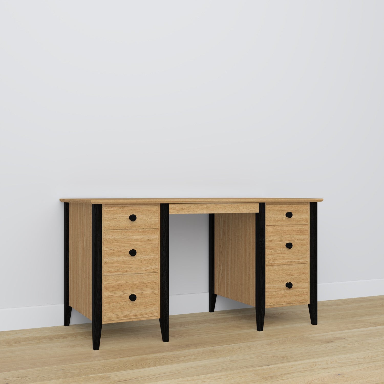 Desk 6S natural oak with black – oak, wide tabletop, front view, Nizio