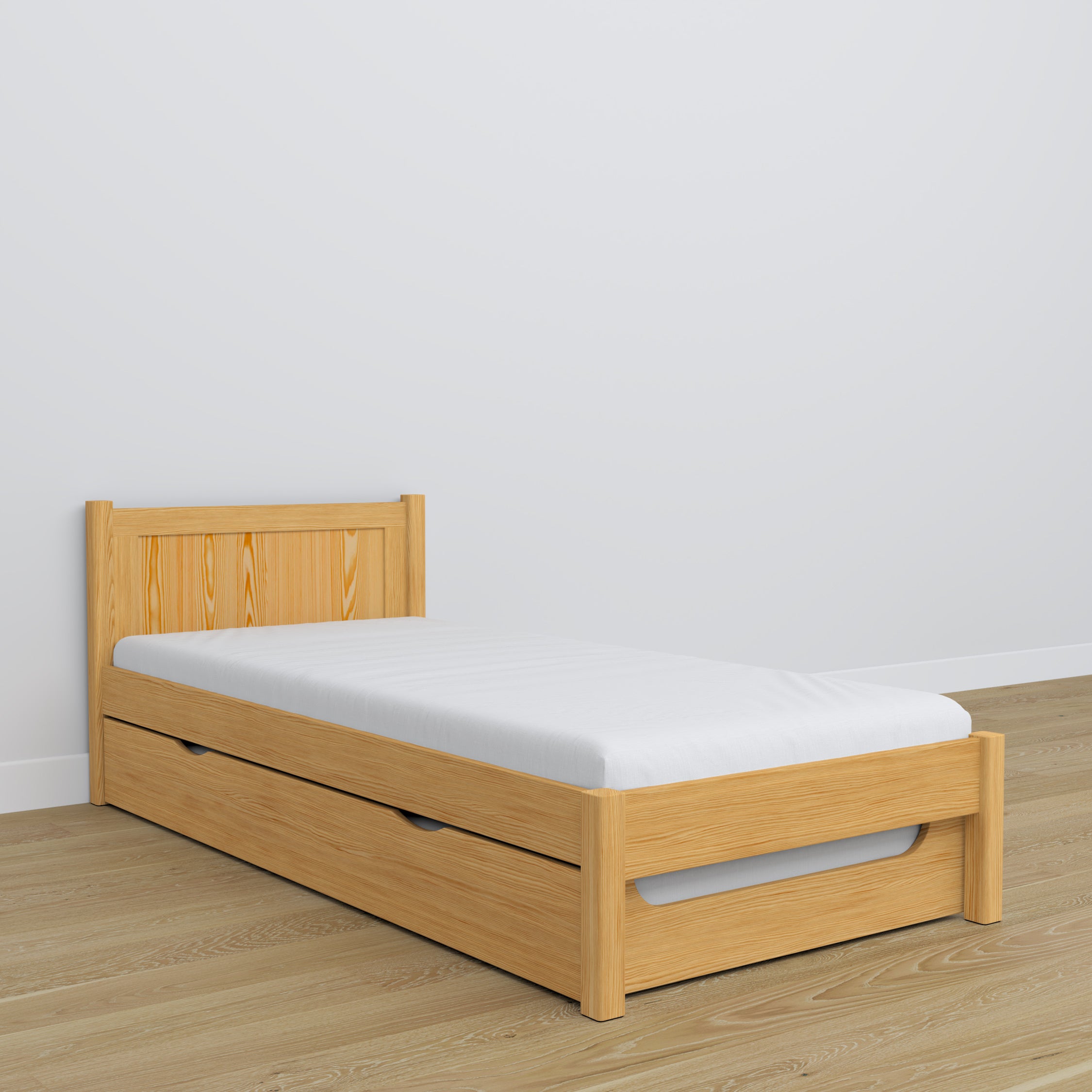 Lit pin naturel z tiroir na matelas – vue de côté, en bois, Nizio Home