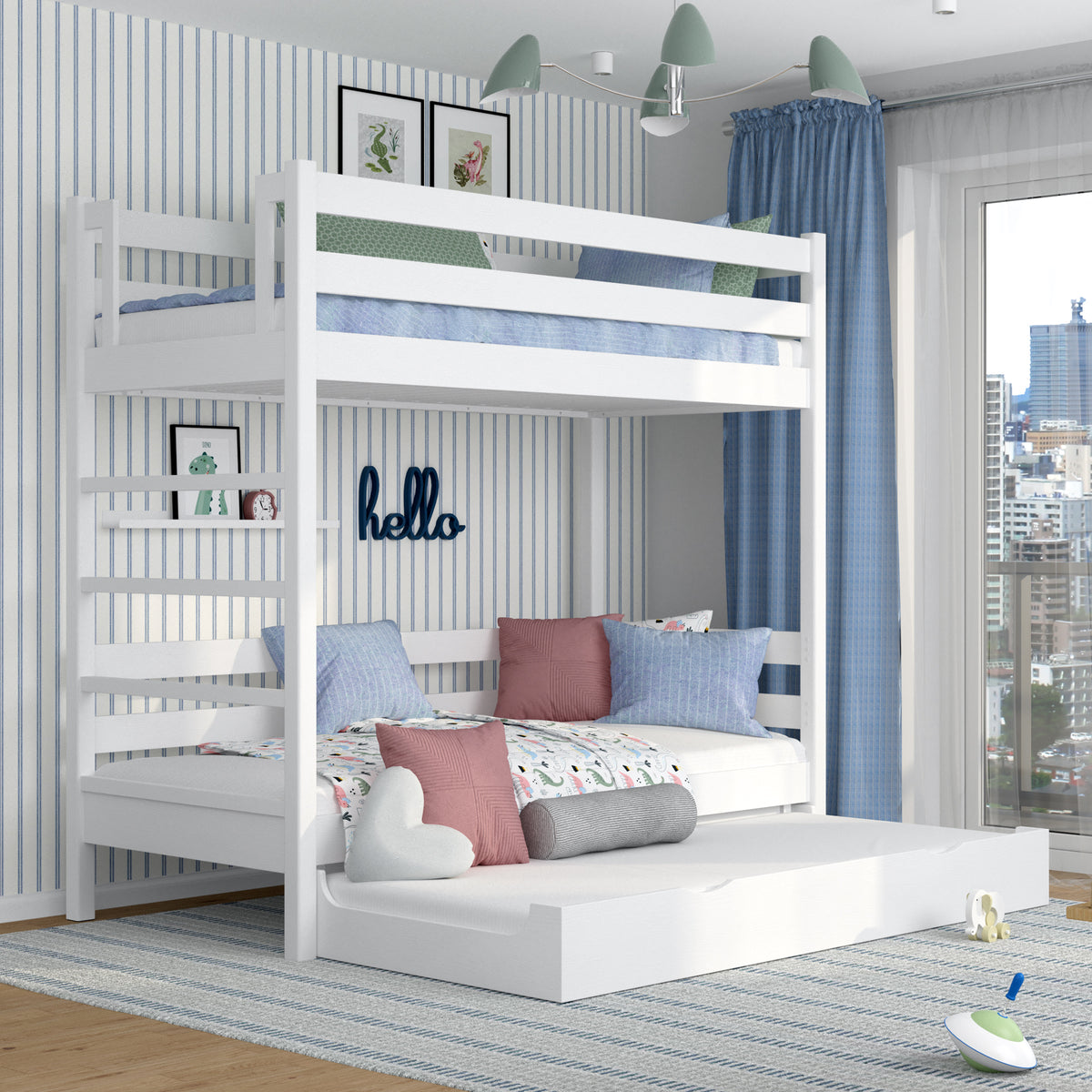 Lit superposé blanc pour enfants – tiroir na matelas, en bois, Nizio