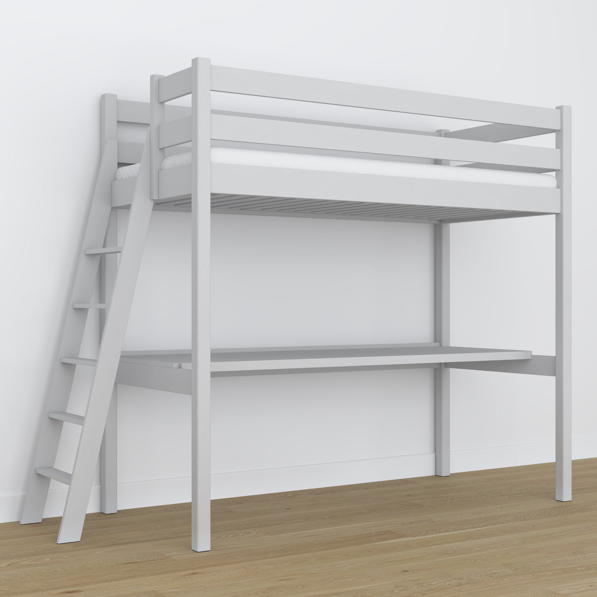 Lit mezzanine avec bureau en bois gris – échelle i barrière ochronna