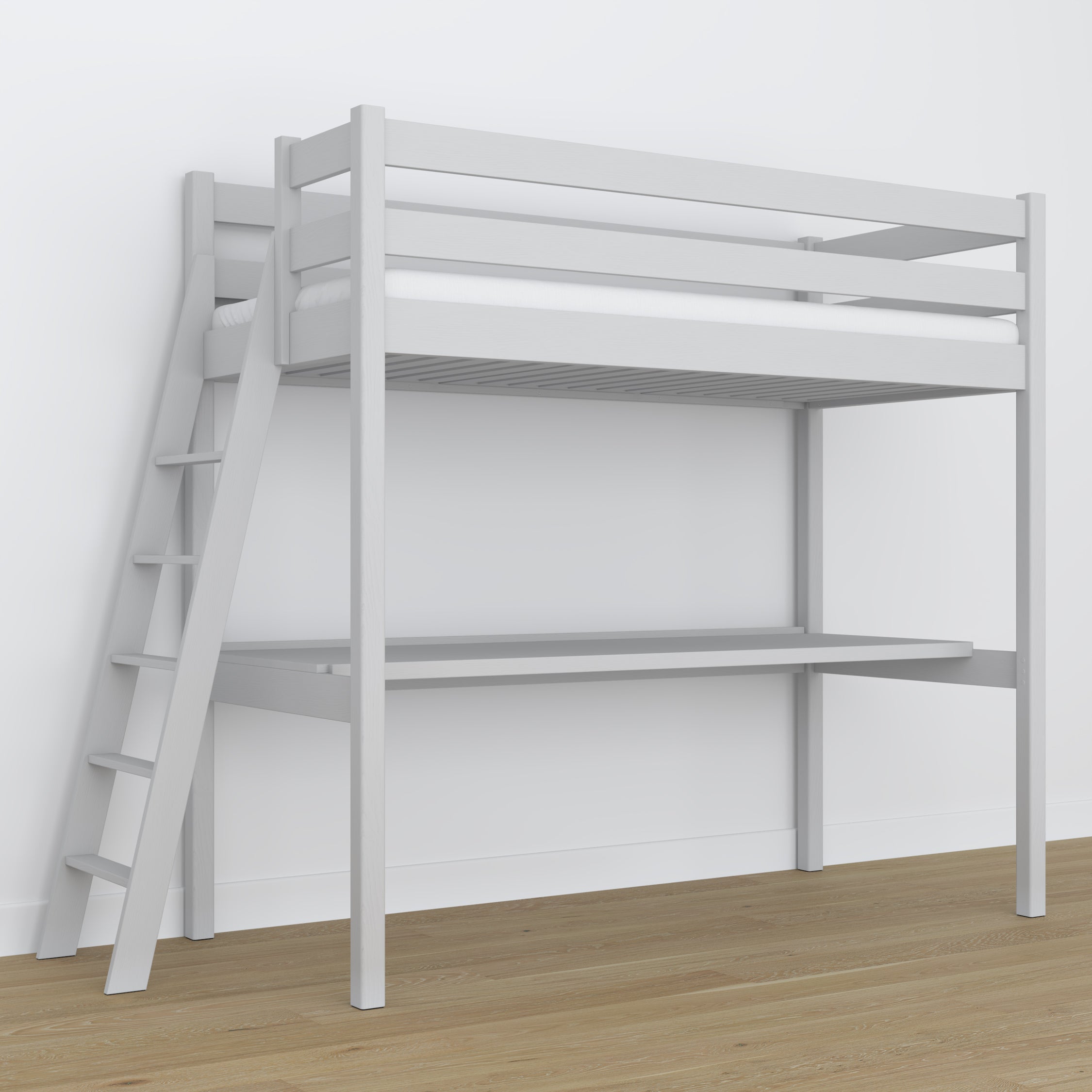 Lit mezzanine avec bureau en bois gris – échelle i barrière ochronna