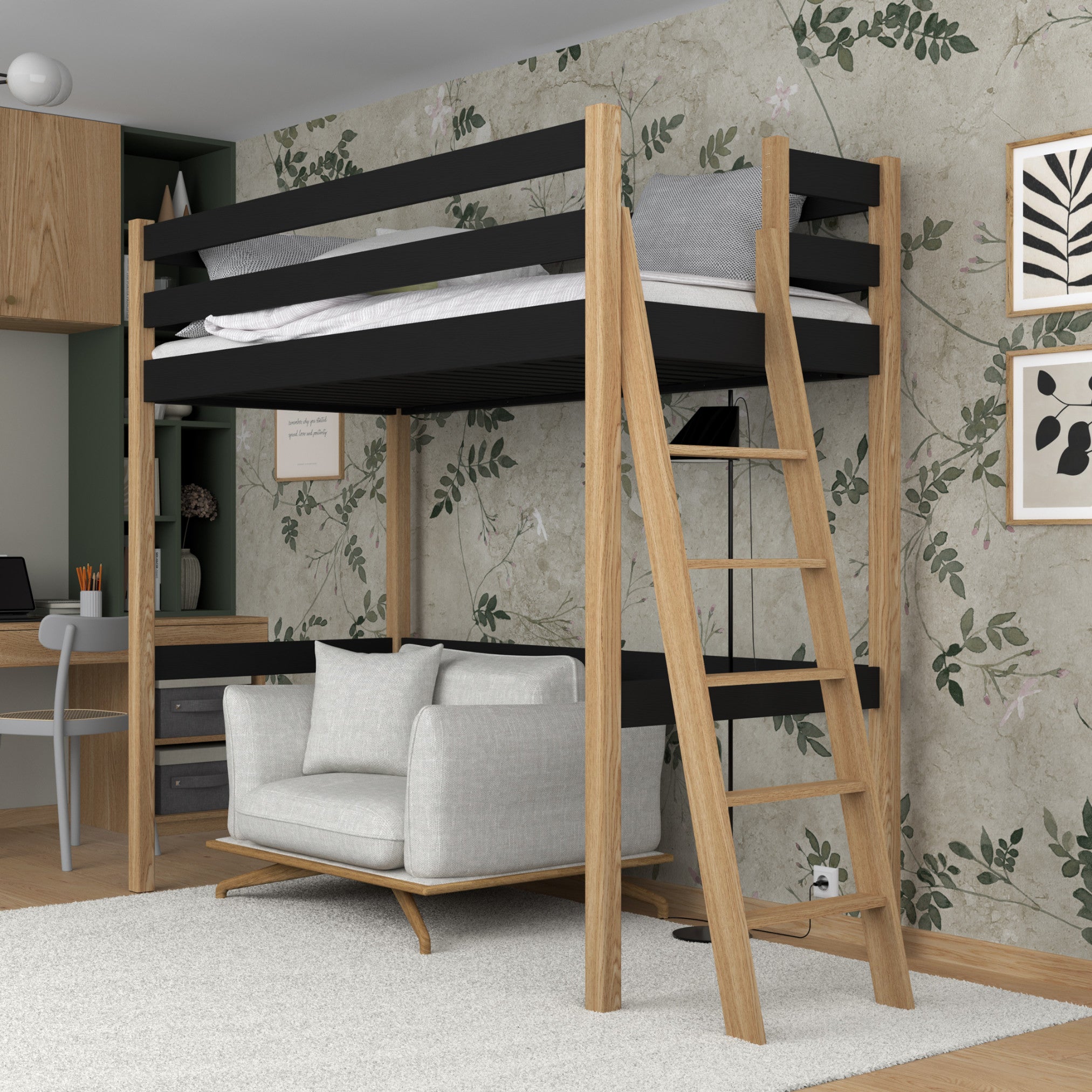Lit mezzanine en bois noir-chêne – espace libre sous la chambre, Nizio