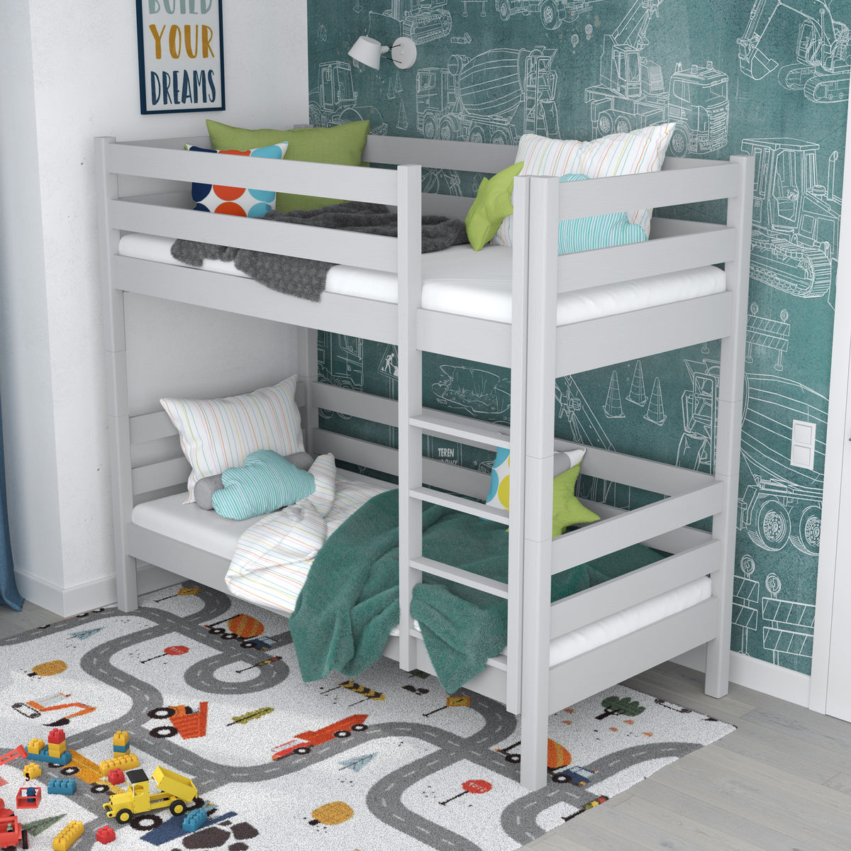 Lit superposé gris dans la chambre d'enfant – décoration scandinave, en bois
