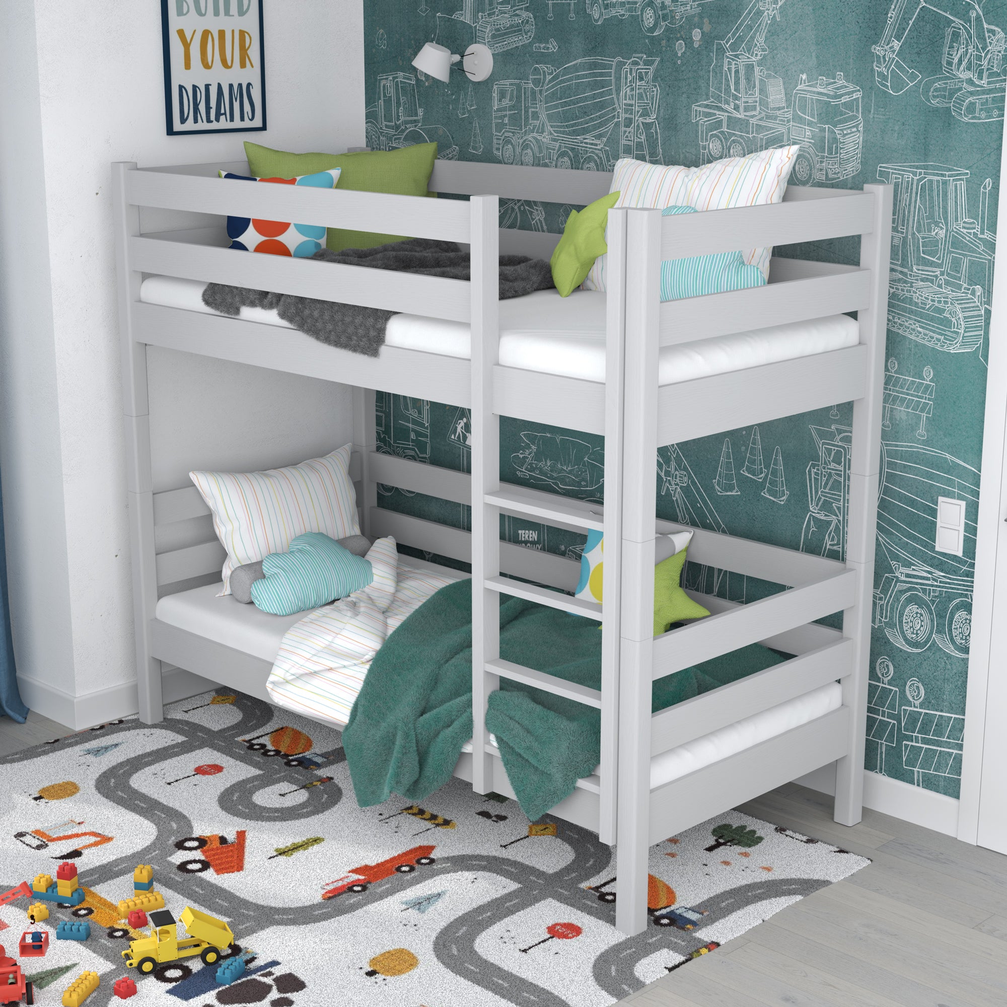 Lit superposé gris dans la chambre d'enfant – décoration scandinave, en bois