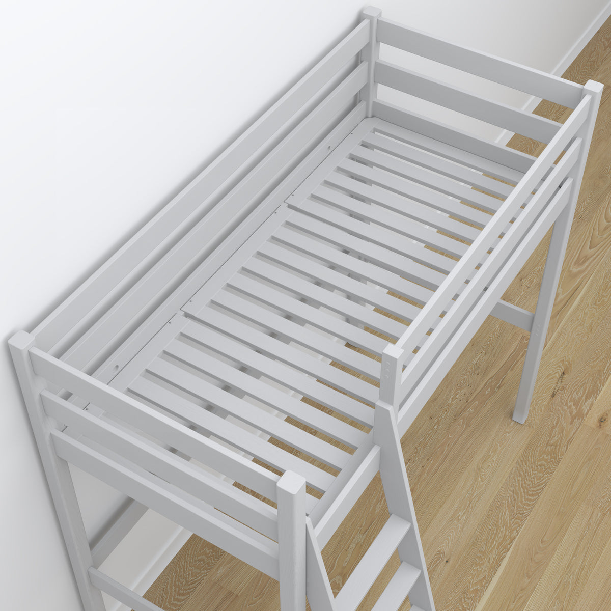 Lit mezzanine avec bureau en bois gris – détails des assemblages et de l'échelle
