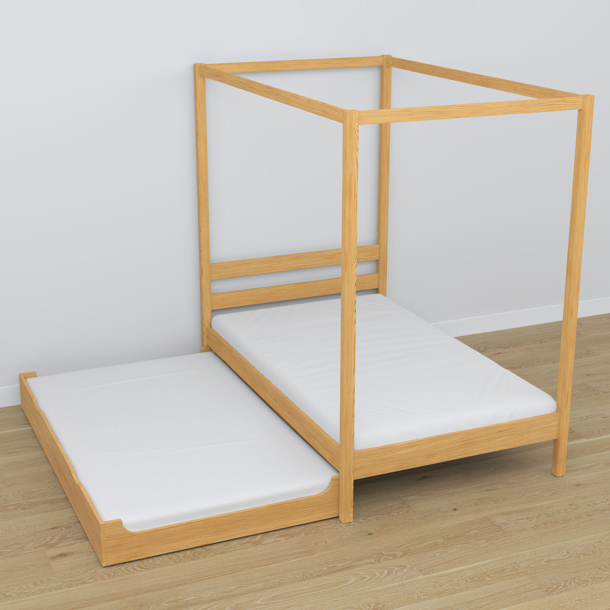 Łóżko pojedyncze z baldachimem i szufladą na materac N01 sosna naturalna – dodatkowy widok, lite drewno sosnowe