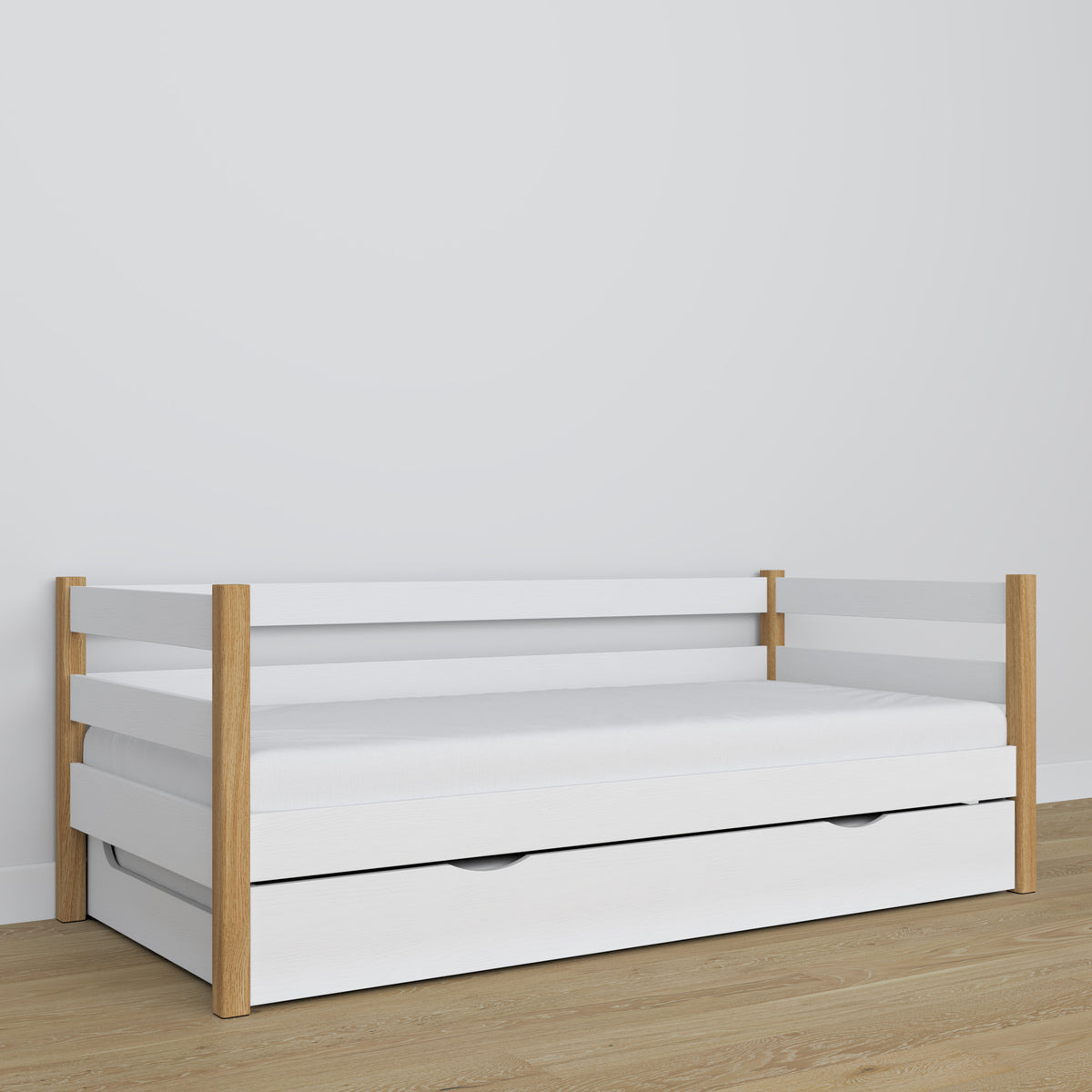 Łóżko sofa z szufladą na materac N01 biało dębowy – dodatkowy widok, polska produkcja