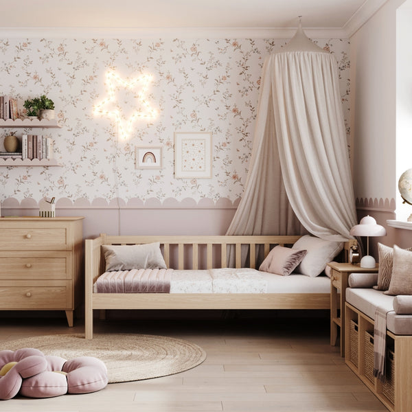 Sofa-lit chêne naturel – barrière latérale en chêne, sécurité pour les enfants