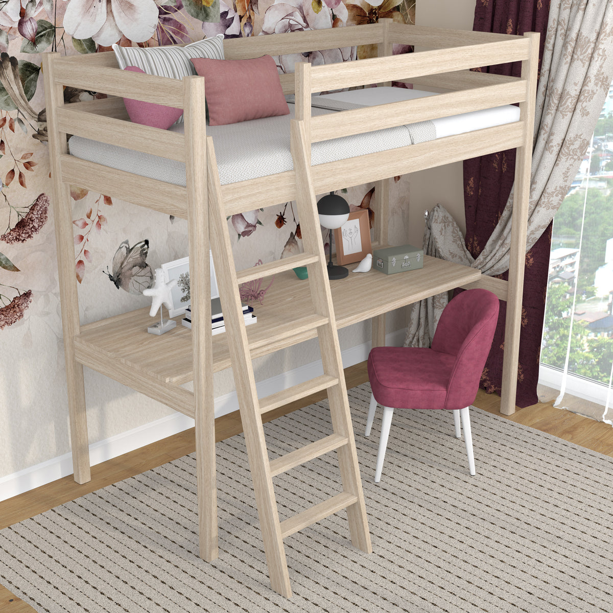 Lit mezzanine chêne blanchi – bureau en chêne pod chambre, chambre d'enfant scandinave