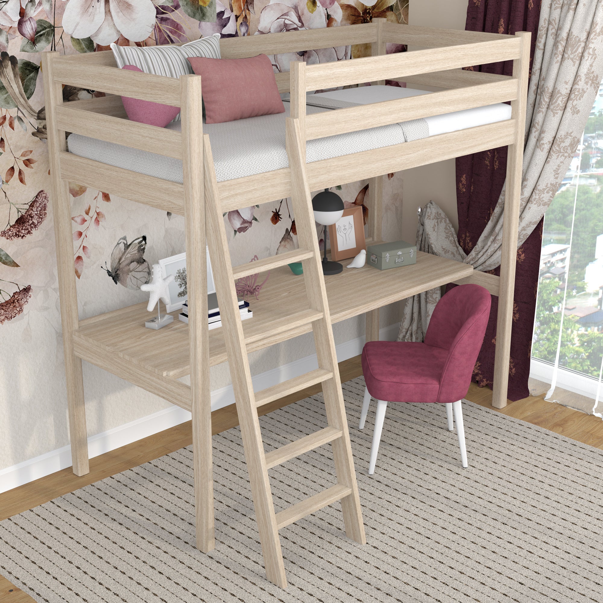 Lit mezzanine chêne blanchi – bureau en chêne pod chambre, chambre d'enfant scandinave