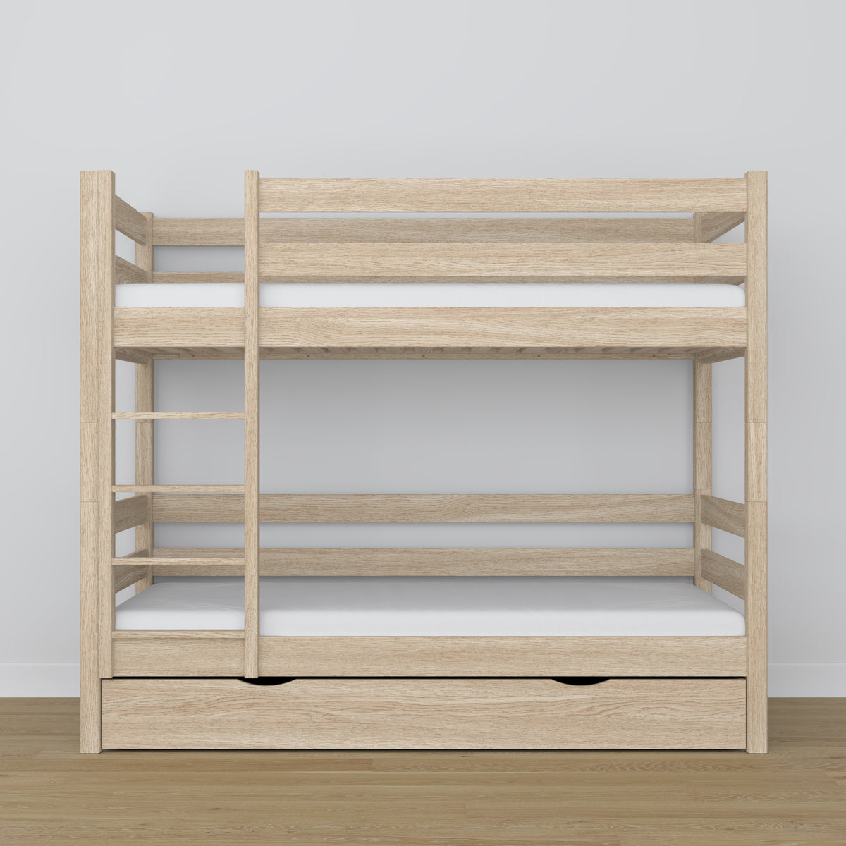 Lit superposé en chêne chêne blanchi – détails des assemblages et de l'échelle, chambre d'enfant