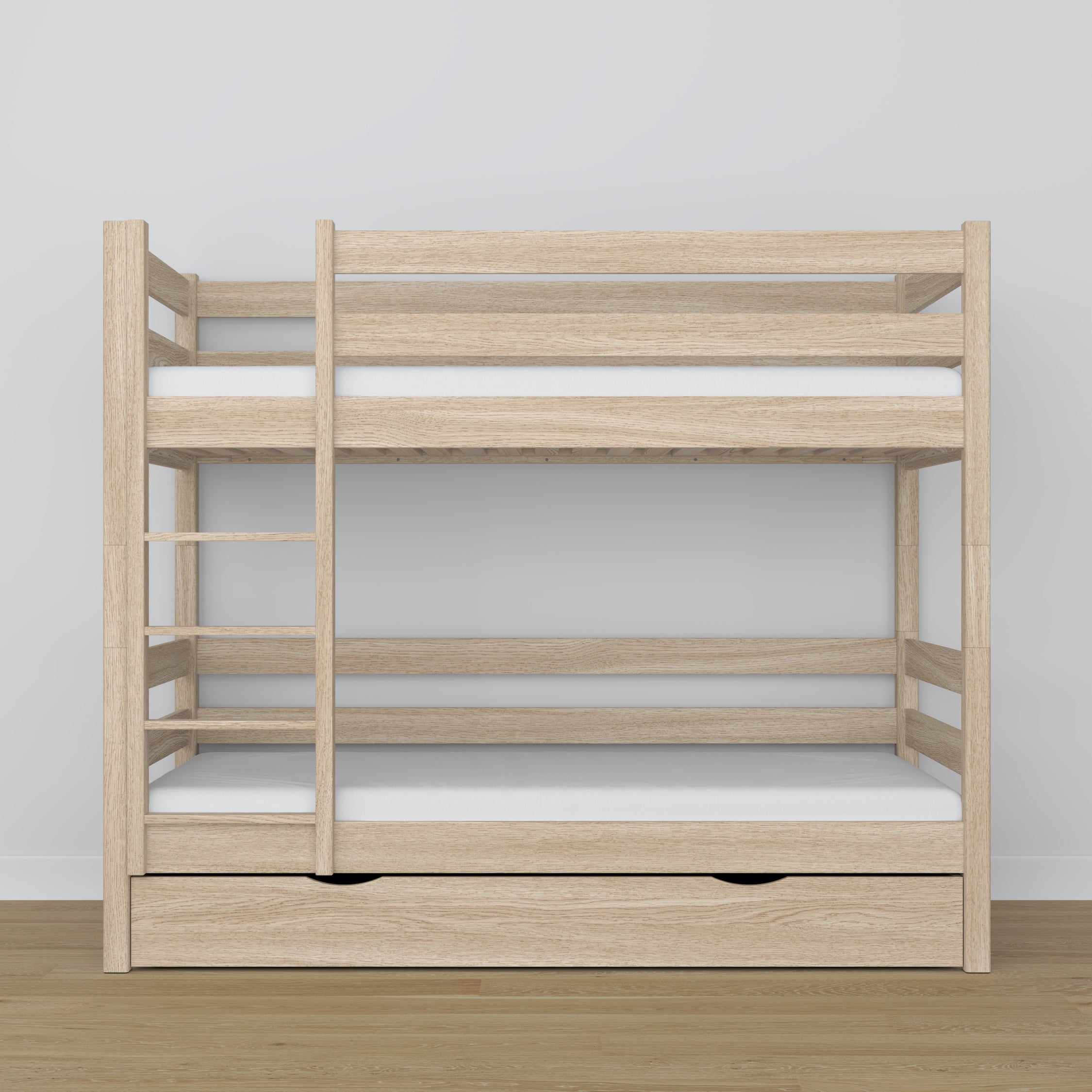 Lit superposé en chêne chêne blanchi – détails des assemblages et de l'échelle, chambre d'enfant