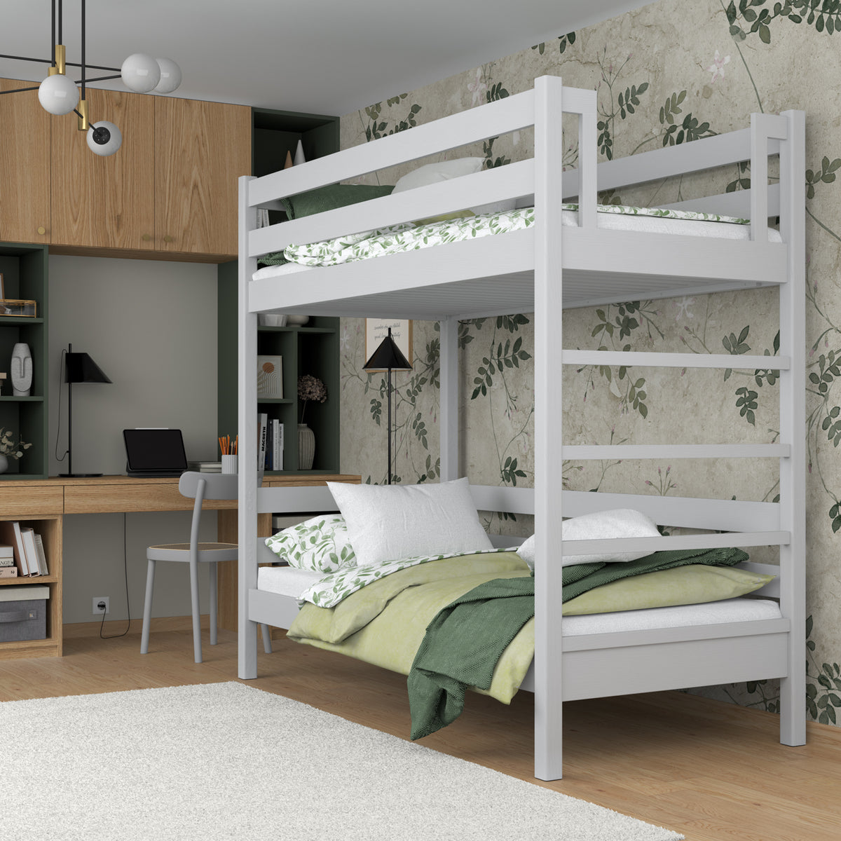 Lit superposé en bois gris – dwie chambree w jednym, construction sécurisée