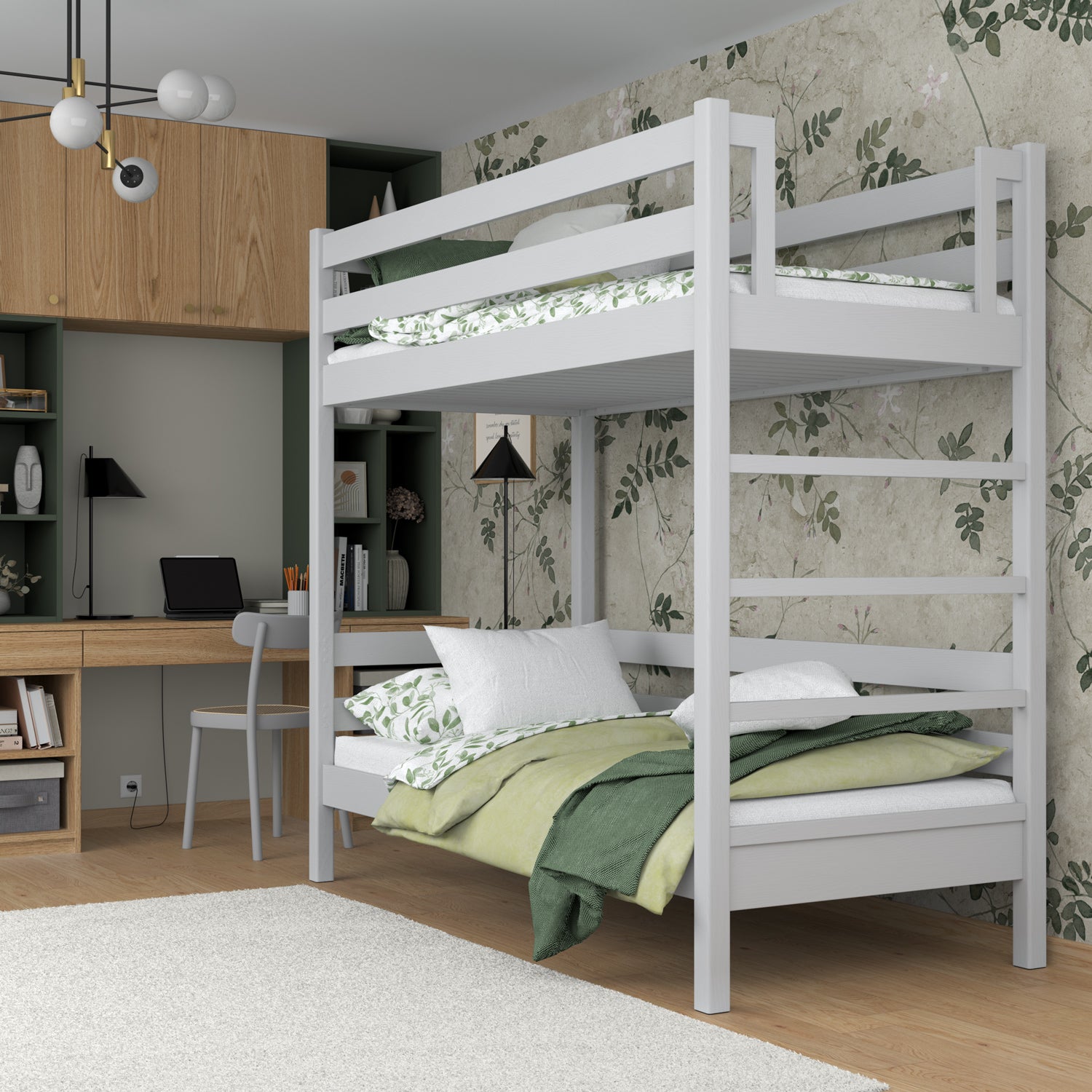 Lit superposé en bois gris – dwie chambree w jednym, construction sécurisée