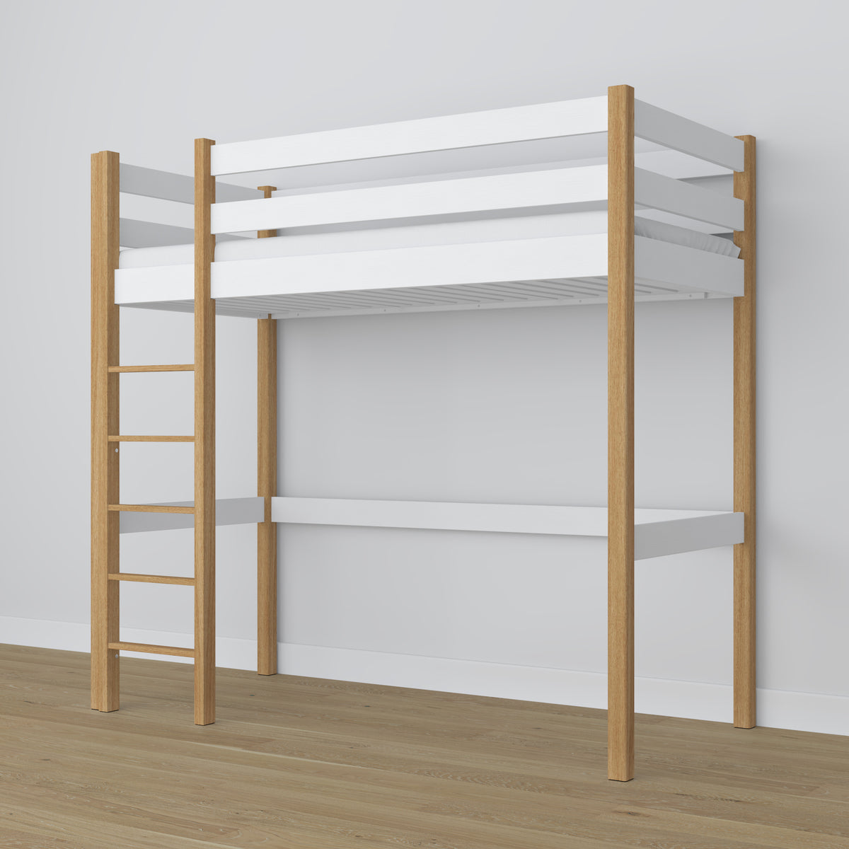 Lit mezzanine en bois blanc-chêne – espace libre sous la chambre, Nizio