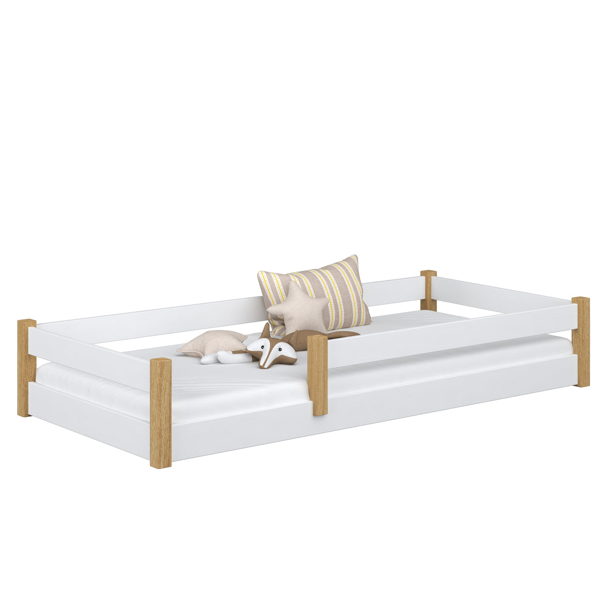 Lit bas blanc-chêne w chambre – décoration scandinave, en bois